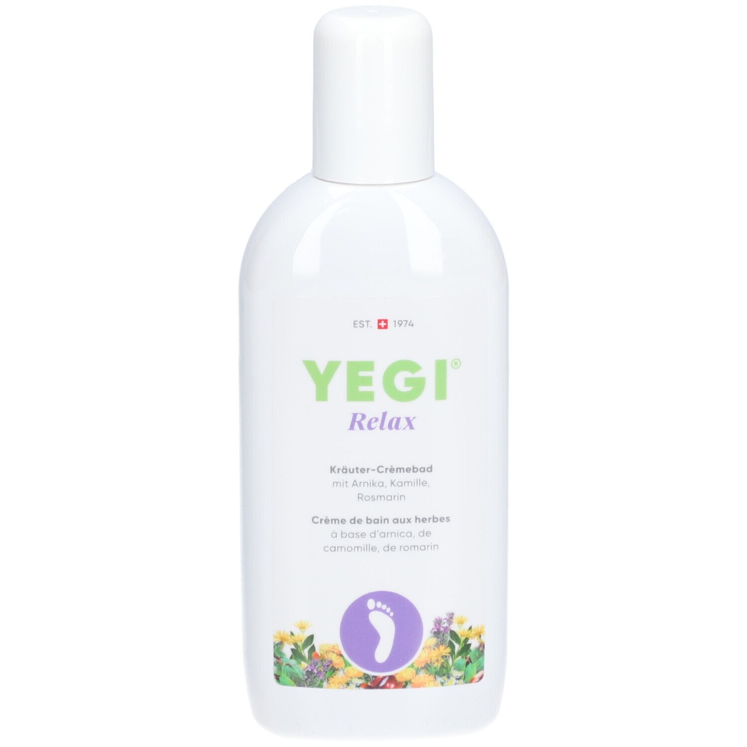 Weiße Flasche mit grünem und violettem Etikett. Text: YEGI Relax, Kräuter-Crèmebad. Abbildung eines Fußes in einem Kreis.