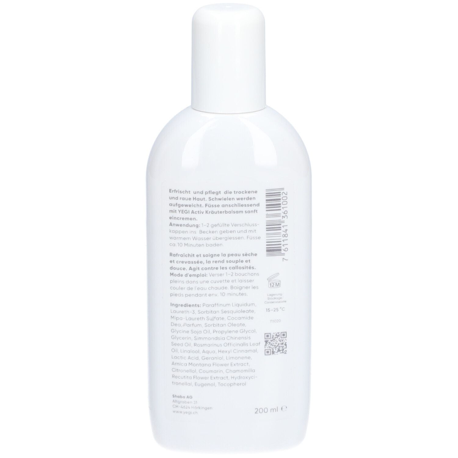 Rückseite der weißen Flasche. Text und Barcode auf weißem Hintergrund. Volumenangabe: 200 ml.