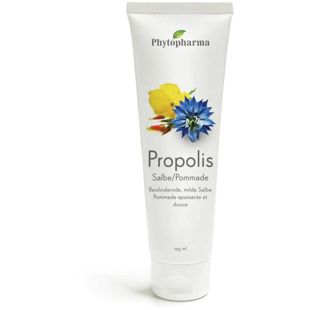 Weiße Tube mit Produktnamen und floraler Illustration. Text: Propolis Salbe/Pommade, 125 ml.