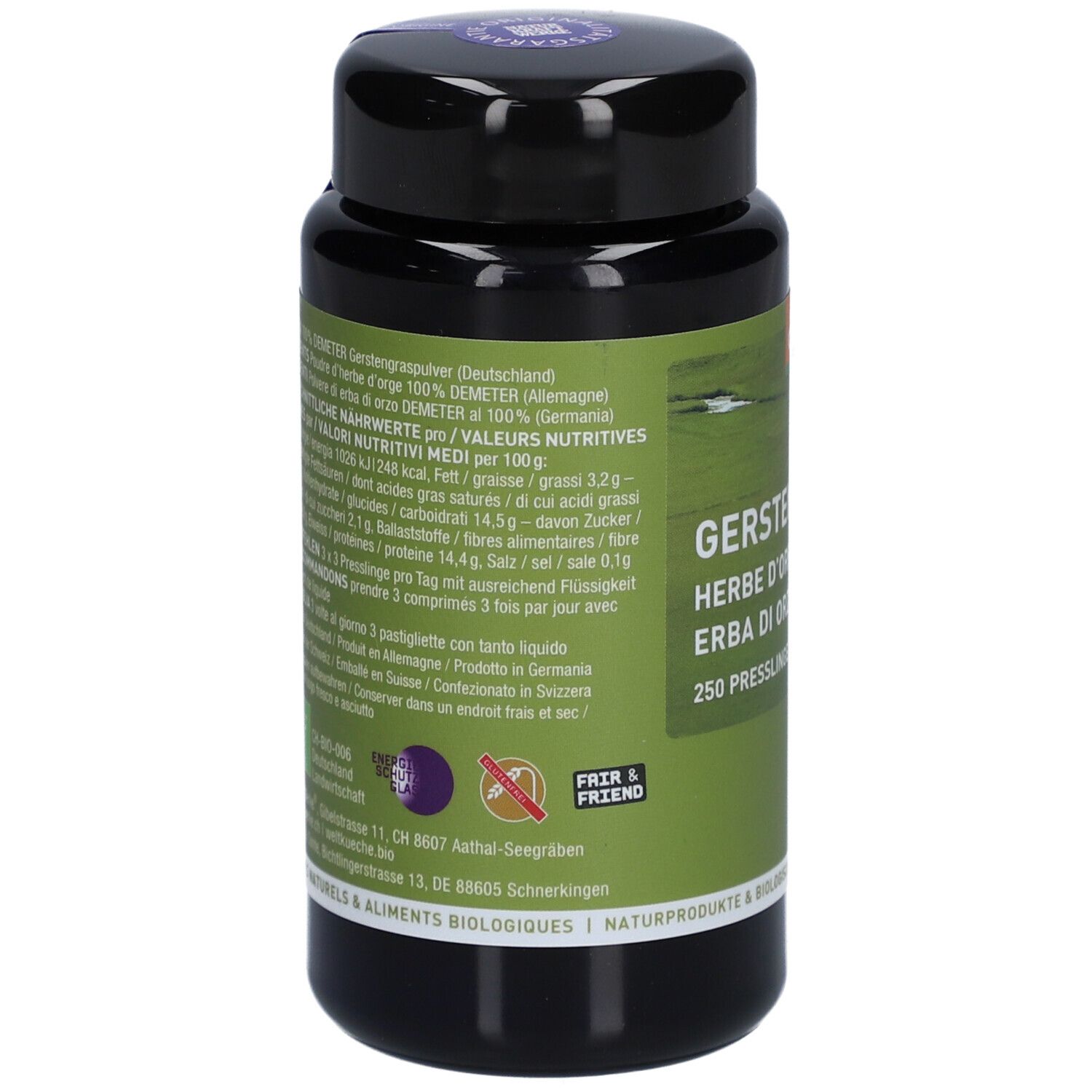 Rückseite der schwarzen Dose. Text mit Nährwertangaben und Zutaten. Fair & Friend-Logo. Demeter-Logo.