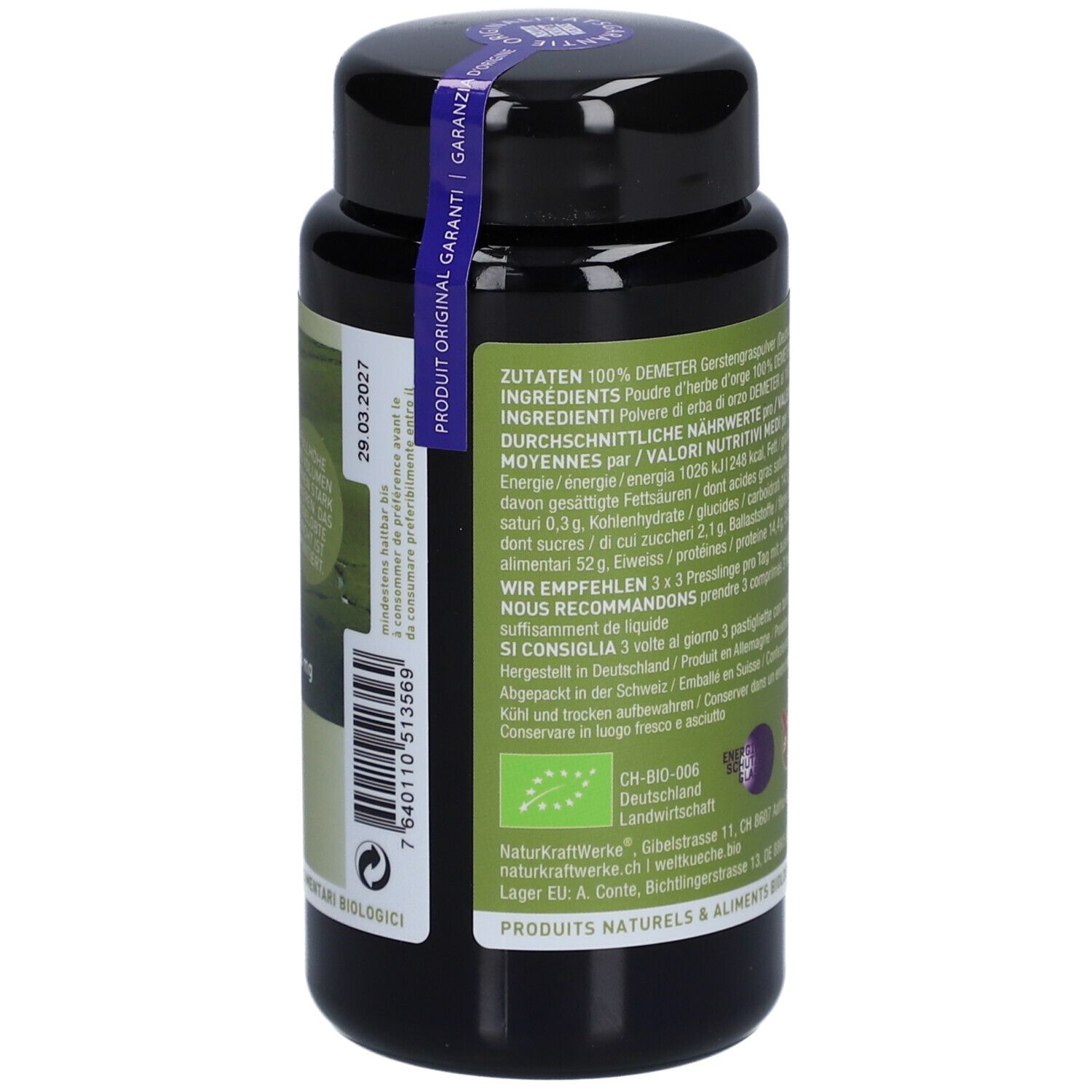 Schwarze Dose mit grünem Etikett. Text mit Zutaten und Nährwerten. Demeter-Logo. Haltbarkeitsdatum.