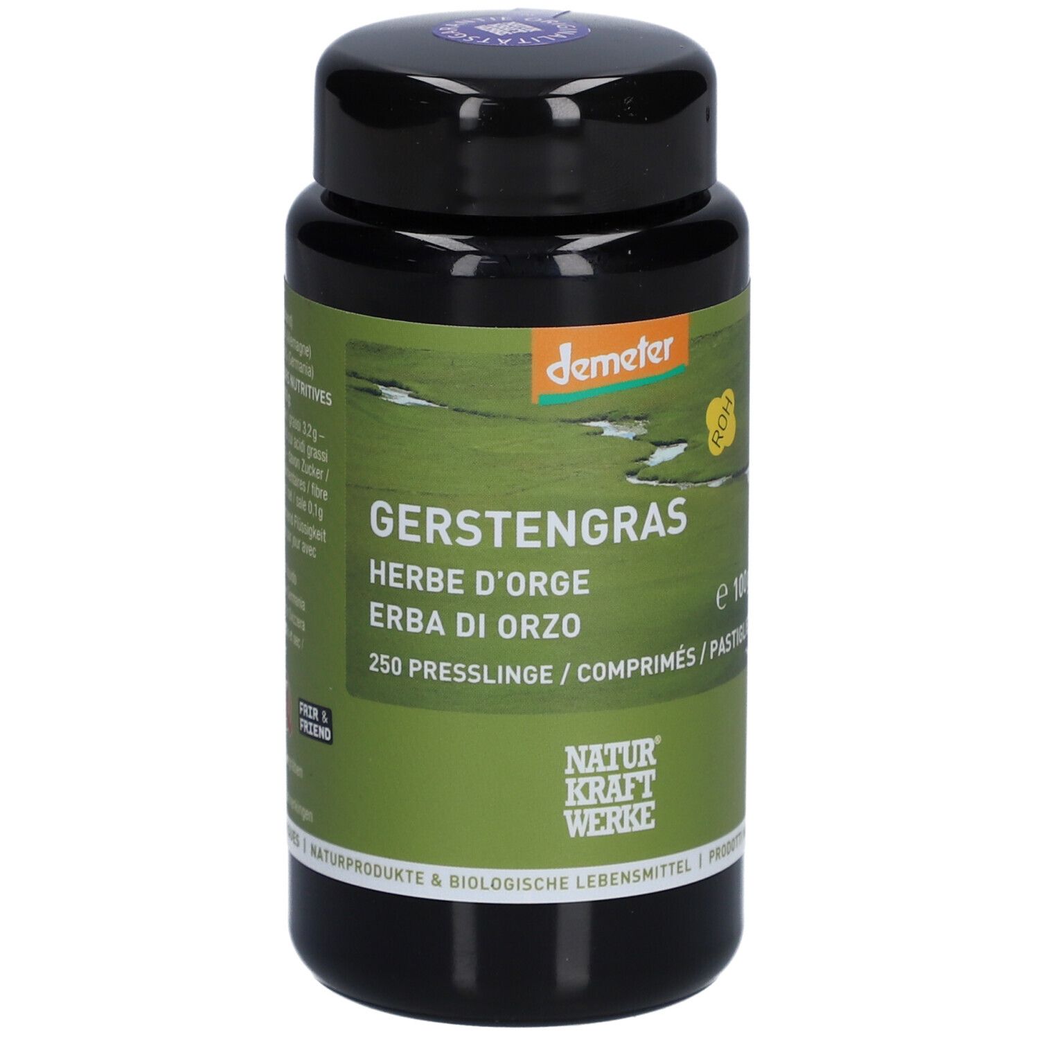 Schwarze Dose mit grünem Etikett. Aufschrift: Gerstengras, Herbe d'orge, Erba di orzo. Demeter-Logo.
