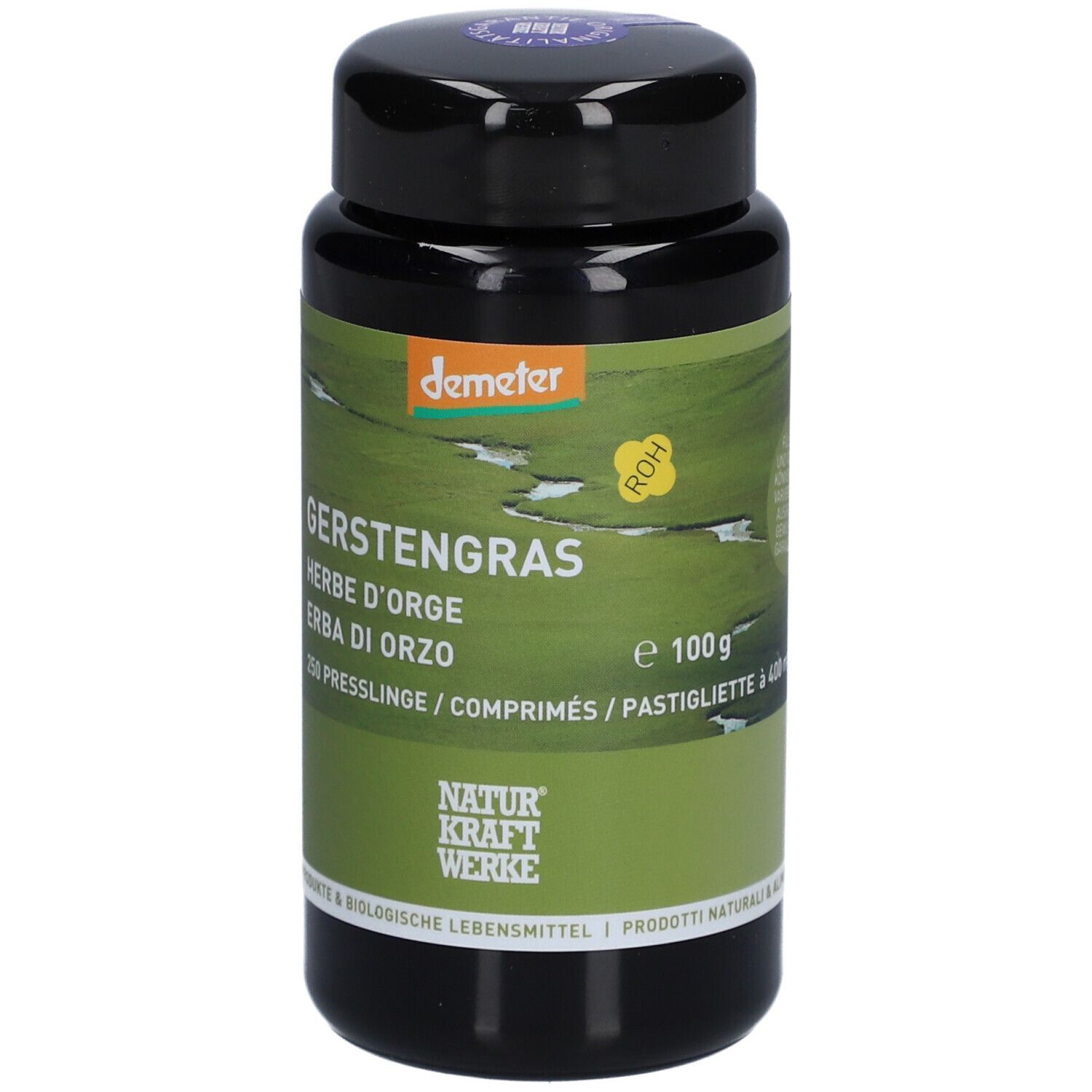 Schwarze Dose mit grünem Etikett. Aufschrift: Gerstengras, Herbe d'orge, Erba di orzo. Demeter-Logo.
