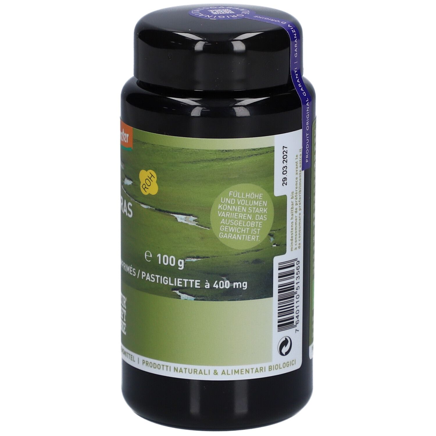 Schwarze Dose mit grünem Etikett. Aufschrift: Gerstengras, Herbe d'orge, Erba di orzo. Demeter-Logo. Haltbarkeitsdatum.
