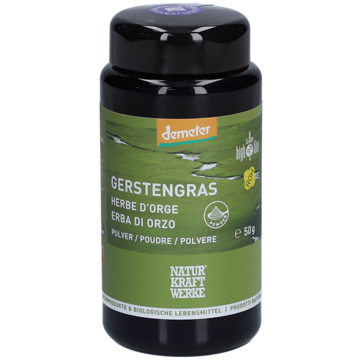 Schwarze Dose mit grünem Etikett. Aufschrift: Gerstengras, Pulver. Marke: Naturkraftwerke. Demeter-Siegel.