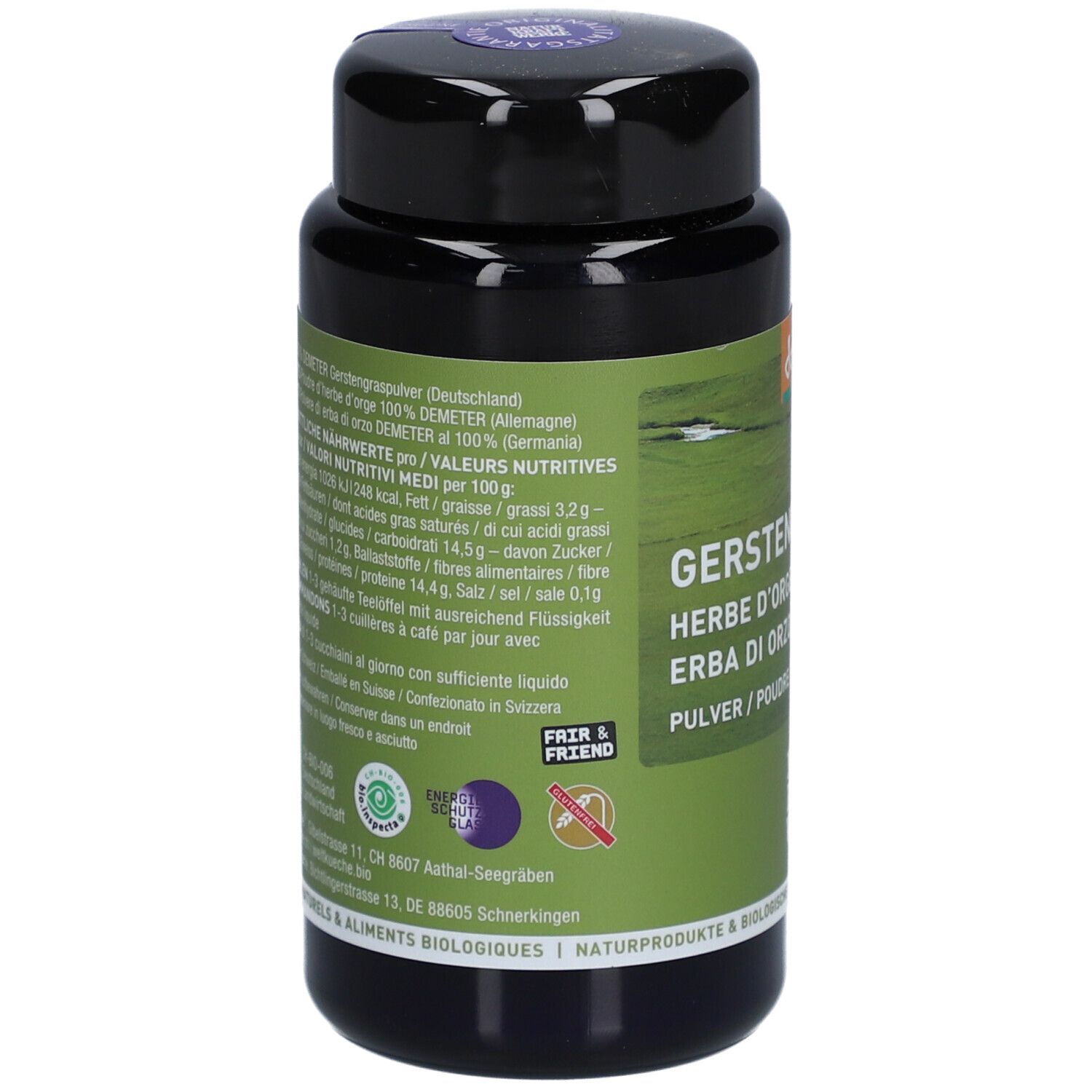 Rückseite der schwarzen Dose. Grüne Etikett mit Nährwertangaben und Inhaltsstoffen. Siegel: Fair & Friend, Bio.