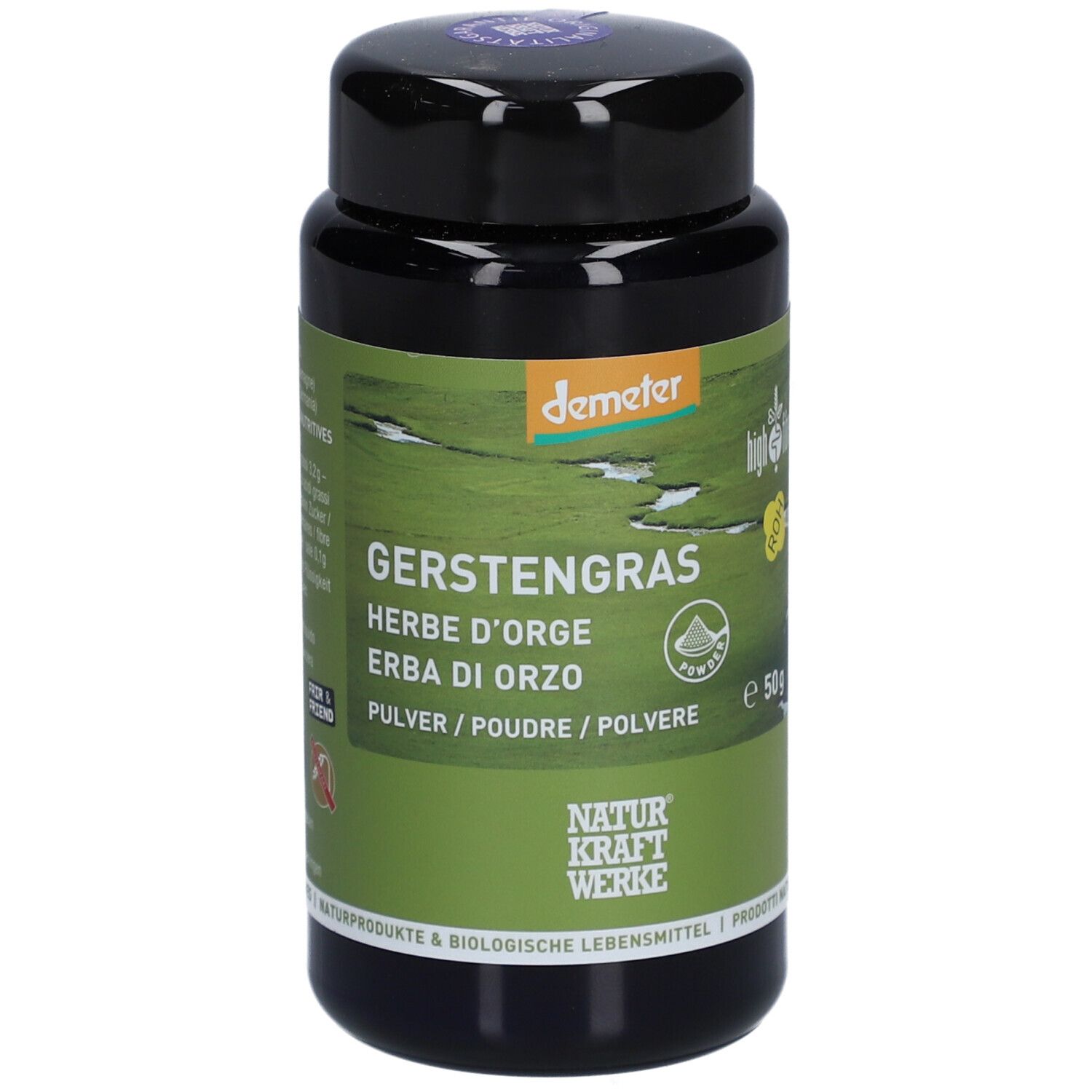 Schwarze Dose mit grünem Etikett. Aufschrift: Gerstengras, Pulver. Marke: Naturkraftwerke. Demeter-Siegel.