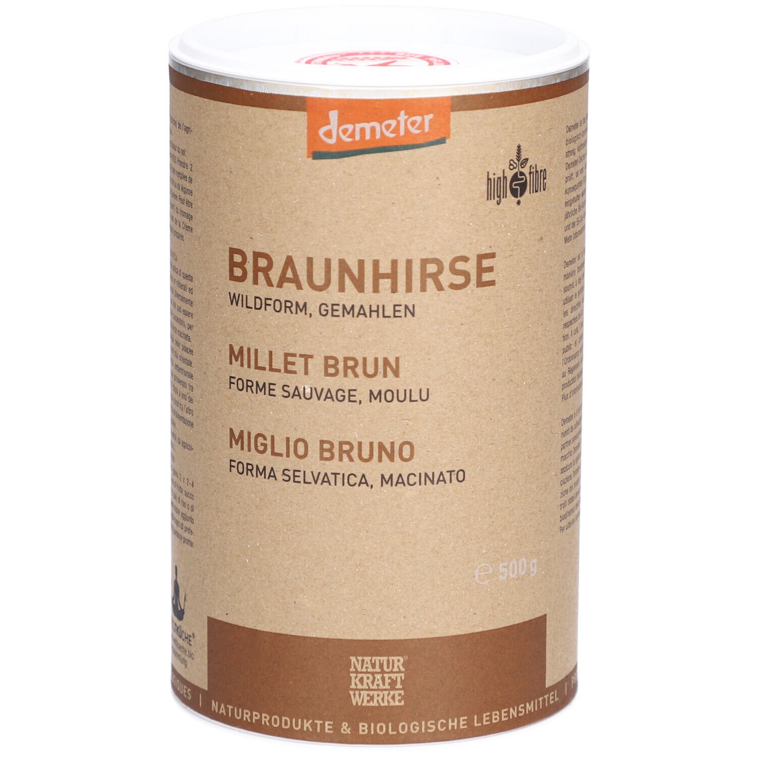 Zylindrische Dose mit "BRAUNHIRSE" und "NATURKRAFTWERKE" Aufdruck. Demeter-Logo. Text in Deutsch, Französisch und Italienisch.