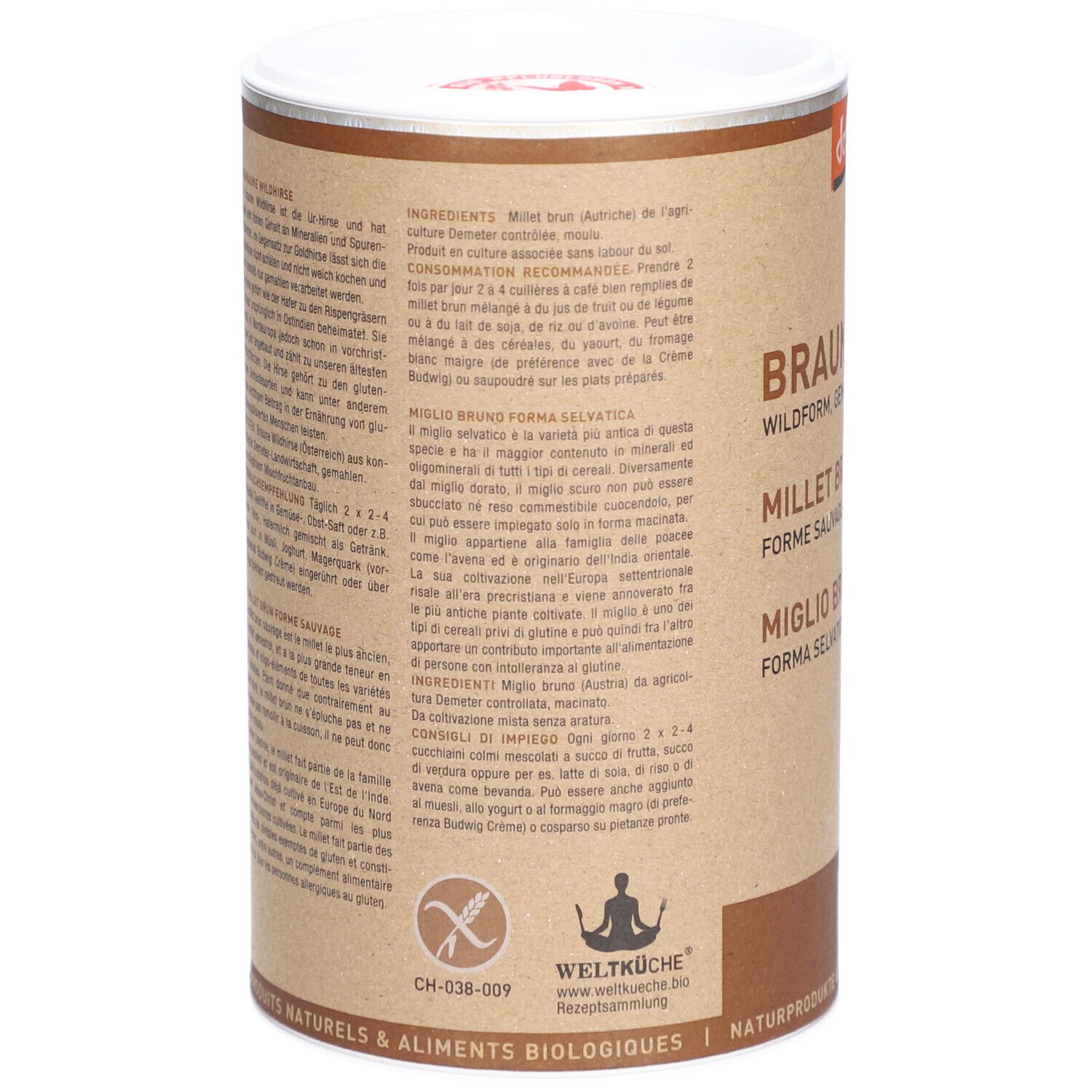 Rückseite der Dose mit Text in mehreren Sprachen. Enthält Informationen zu Inhaltsstoffen und Nährwerten. Glutenfrei-Logo.
