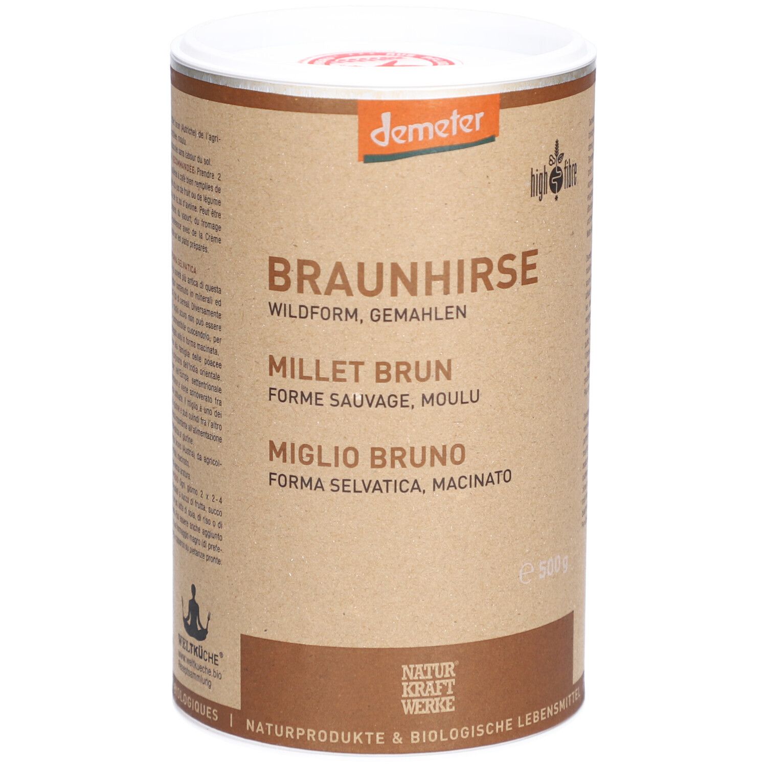 Zylindrische Dose mit "BRAUNHIRSE" und "NATURKRAFTWERKE" Aufdruck. Demeter-Logo. Text in Deutsch, Französisch und Italienisch.