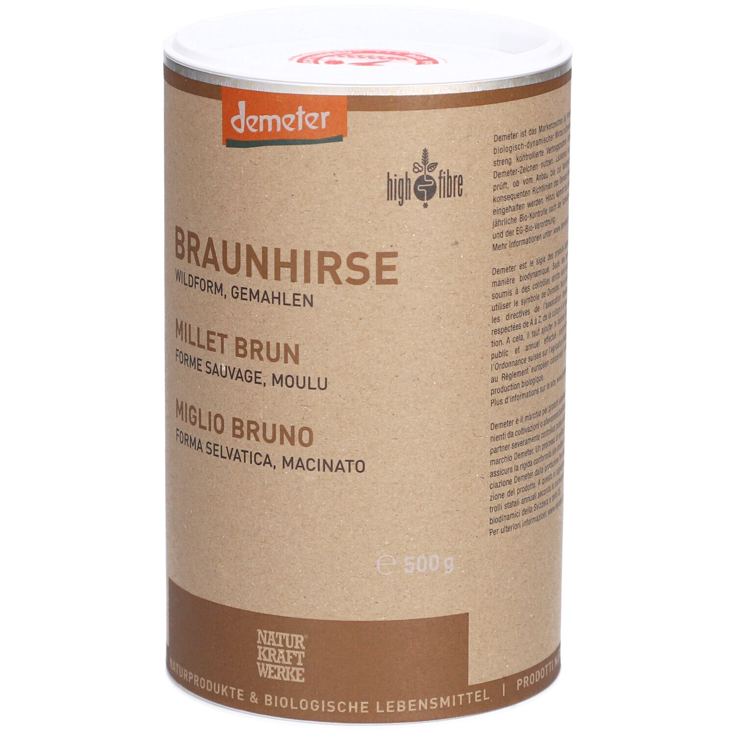 Zylindrische Dose mit "BRAUNHIRSE" und "NATURKRAFTWERKE" Aufdruck. Demeter-Logo. Enthält Informationen über Ballaststoffe.