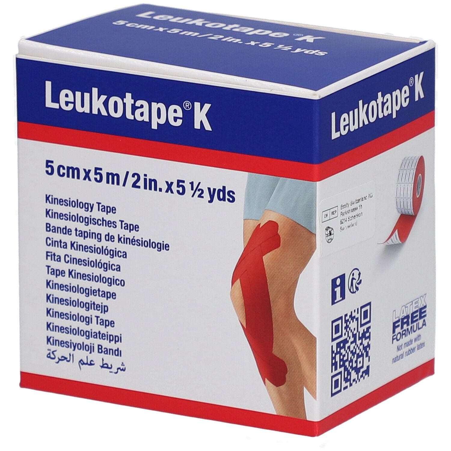 Kinesiologie-Binde-Verpackung. Produktname und Maße sind sichtbar. Abbildung eines Knies mit aufgeklebtem Tape.