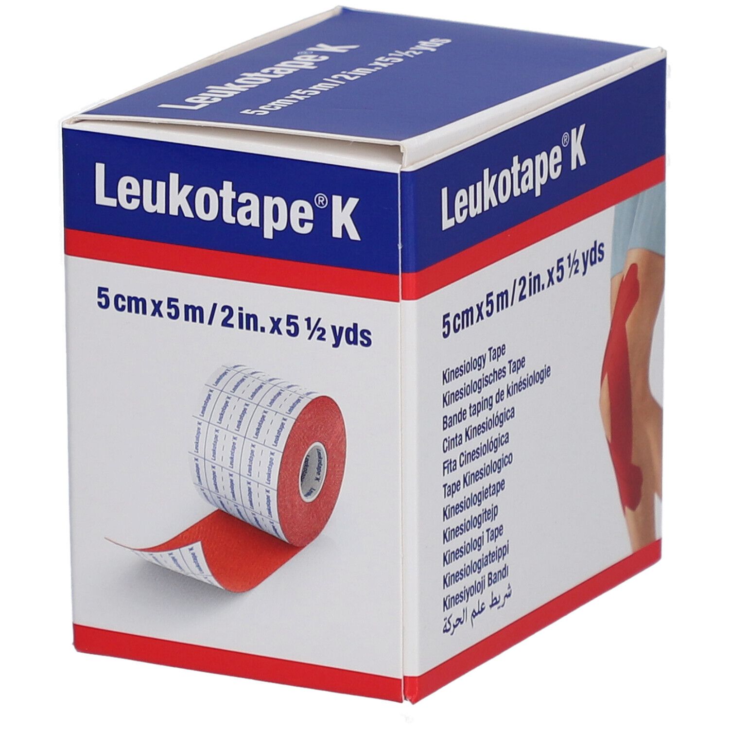 Kinesiologie-Binde-Verpackung. Produktname und Maße sind sichtbar. Rolle Tape mit abgerolltem Stück.