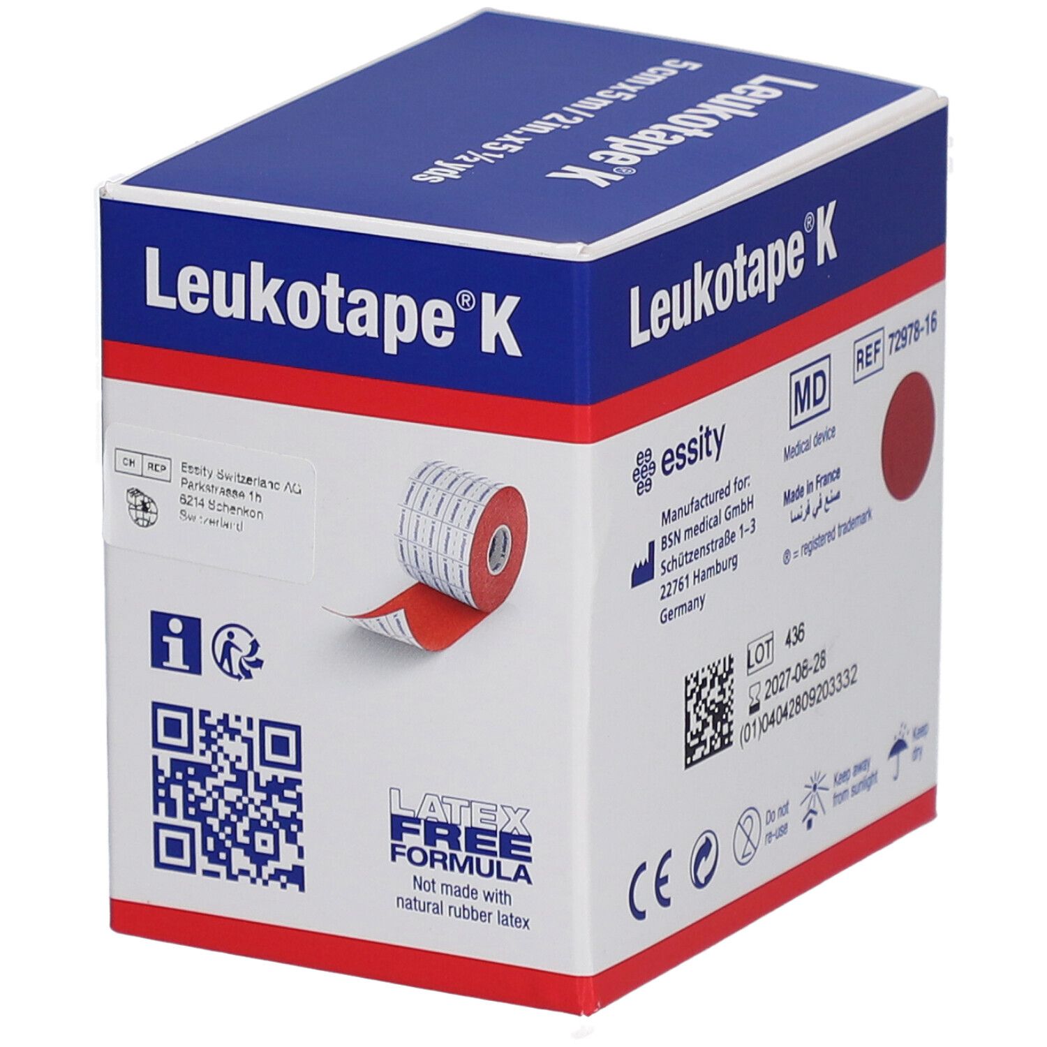 Kinesiologie-Binde-Verpackung. Produktname und Maße sind sichtbar. Latexfreie Formel und CE-Kennzeichnung.