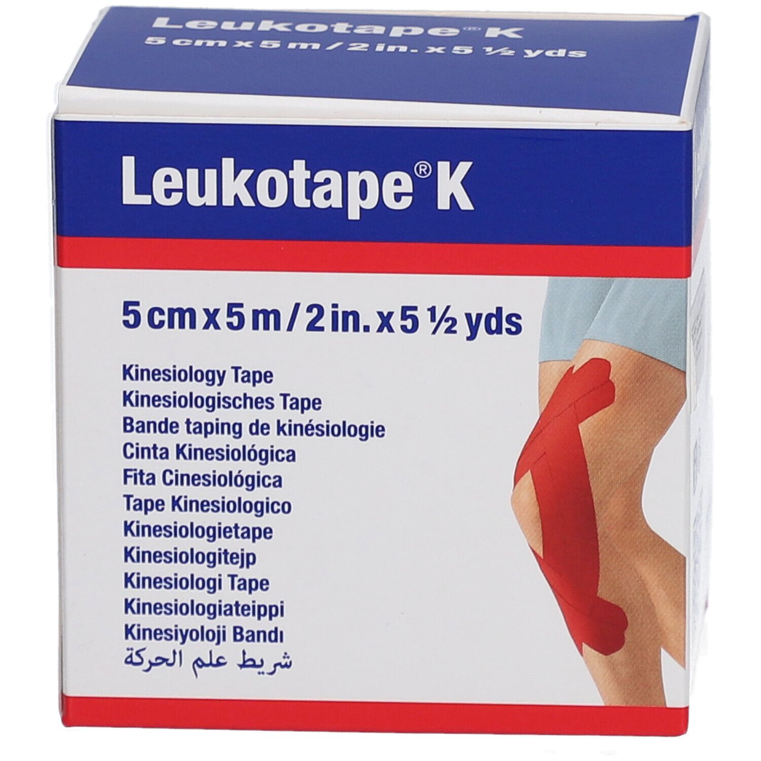 Kinesiologie-Binde-Verpackung. Produktname und Maße sind sichtbar. Abbildung eines Knies mit aufgeklebtem Tape.