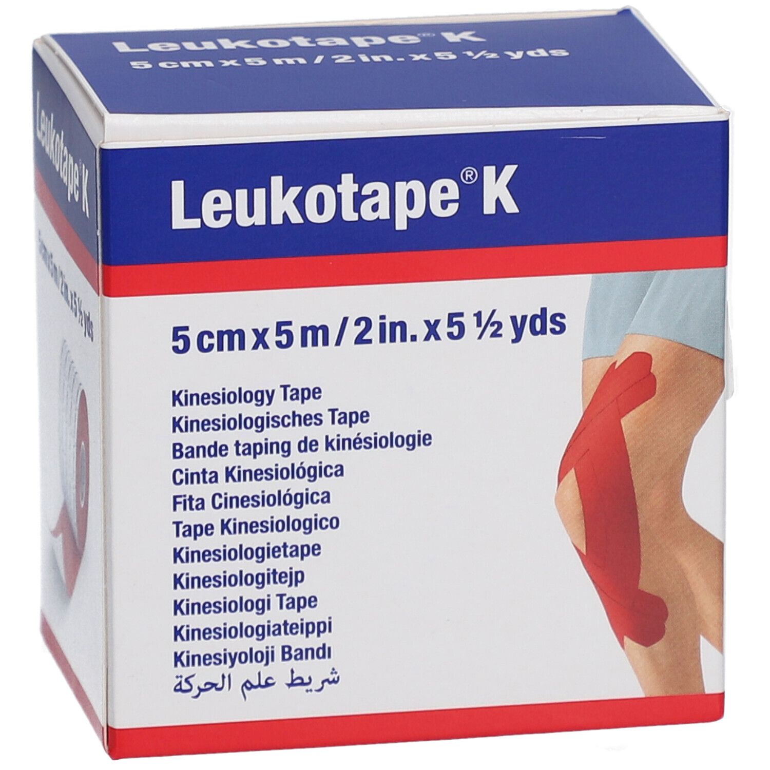 Kinesiologie-Binde-Verpackung. Produktname und Maße sind sichtbar. Abbildung eines Knies mit aufgeklebtem Tape.