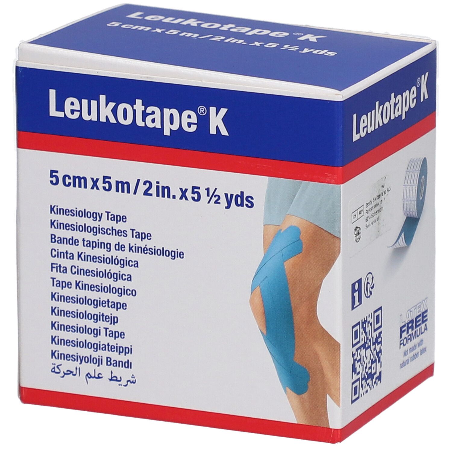 Blaues Leukotape K in Verpackung. Aufdruck: 5 cm x 5 m. Kinesiologie Tape. Abbildung eines Knies mit Tape.
