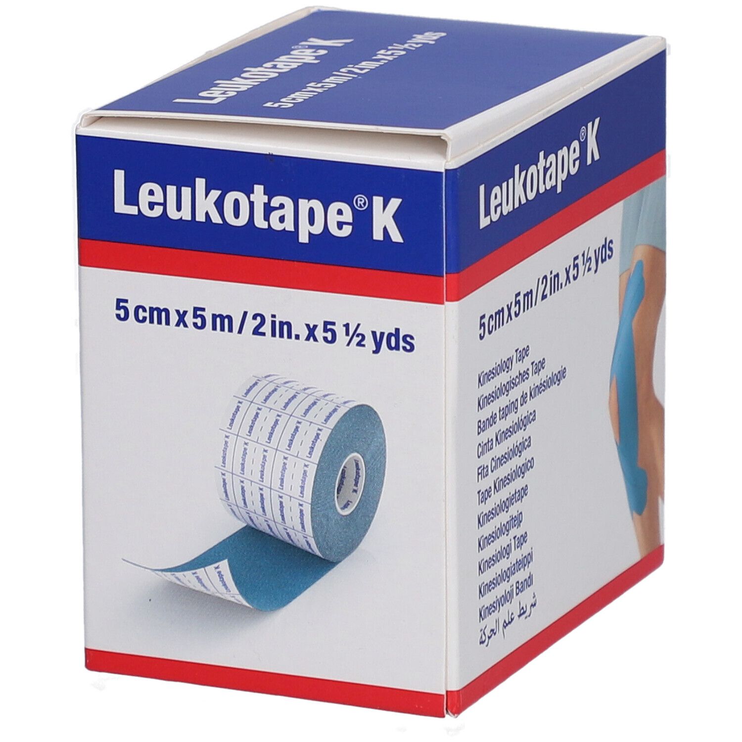 Verpackung von blauem Leukotape K. Aufdruck: 5 cm x 5 m. Rolle des Tapes sichtbar. Produktname und Maße.