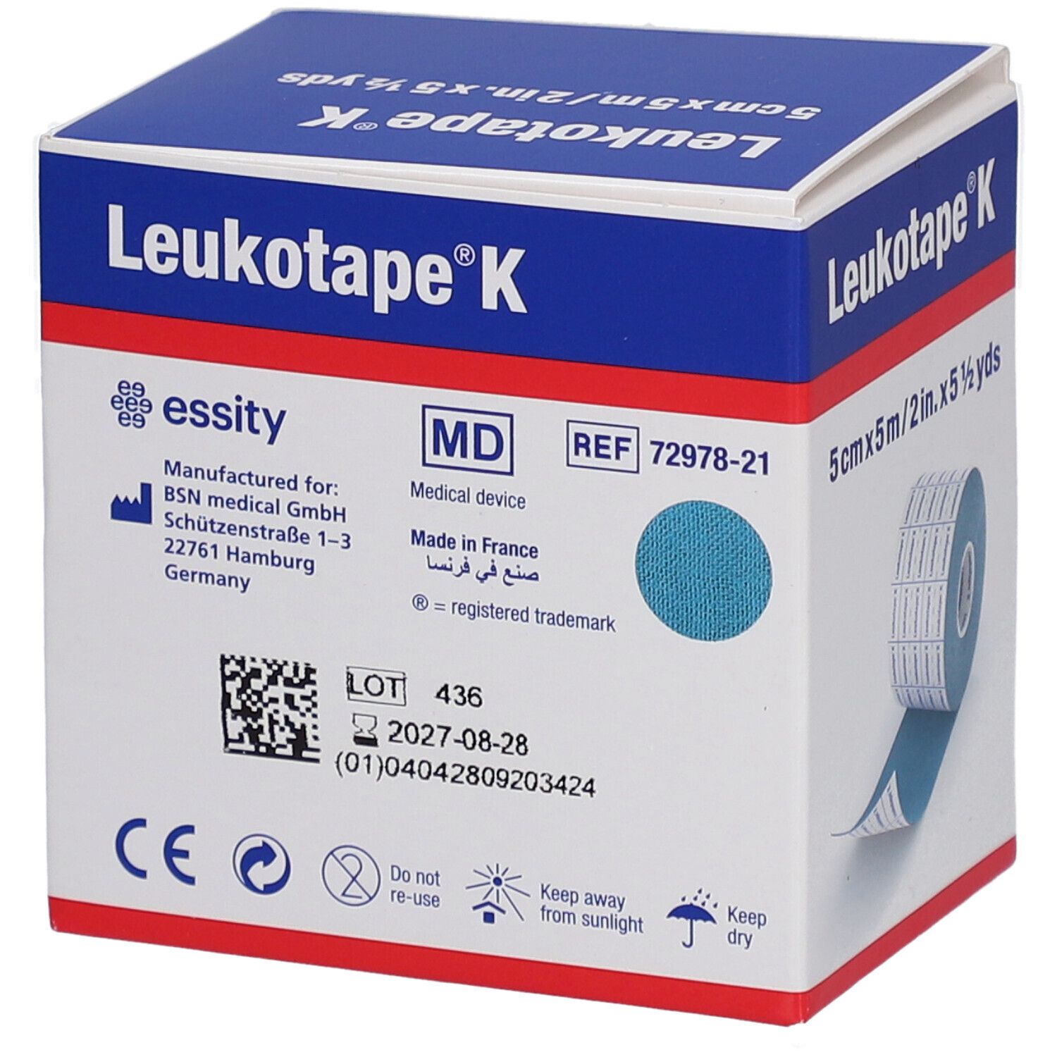 Verpackung von blauem Leukotape K. Aufdruck: 5 cm x 5 m. Medizinprodukt. Herstellerinformationen. CE-Kennzeichnung.