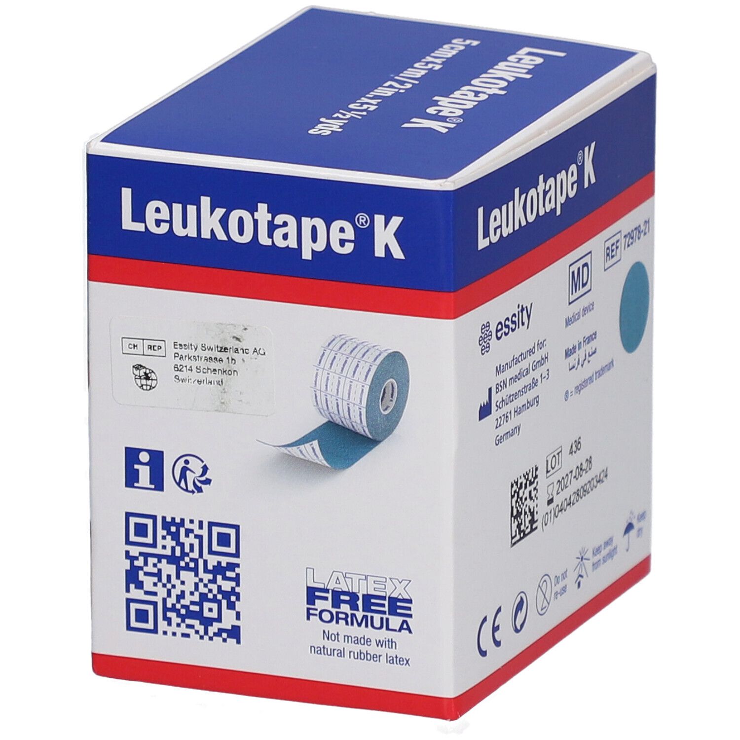 Verpackung von blauem Leukotape K. Aufdruck: 5 cm x 5 m. Latexfreie Formel. CE-Kennzeichnung. Herstellerinformationen.