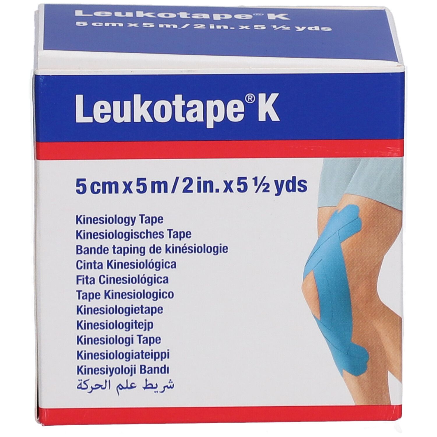 Verpackung von blauem Leukotape K. Aufdruck: 5 cm x 5 m. Kinesiologie Tape. Abbildung eines Knies mit Tape.