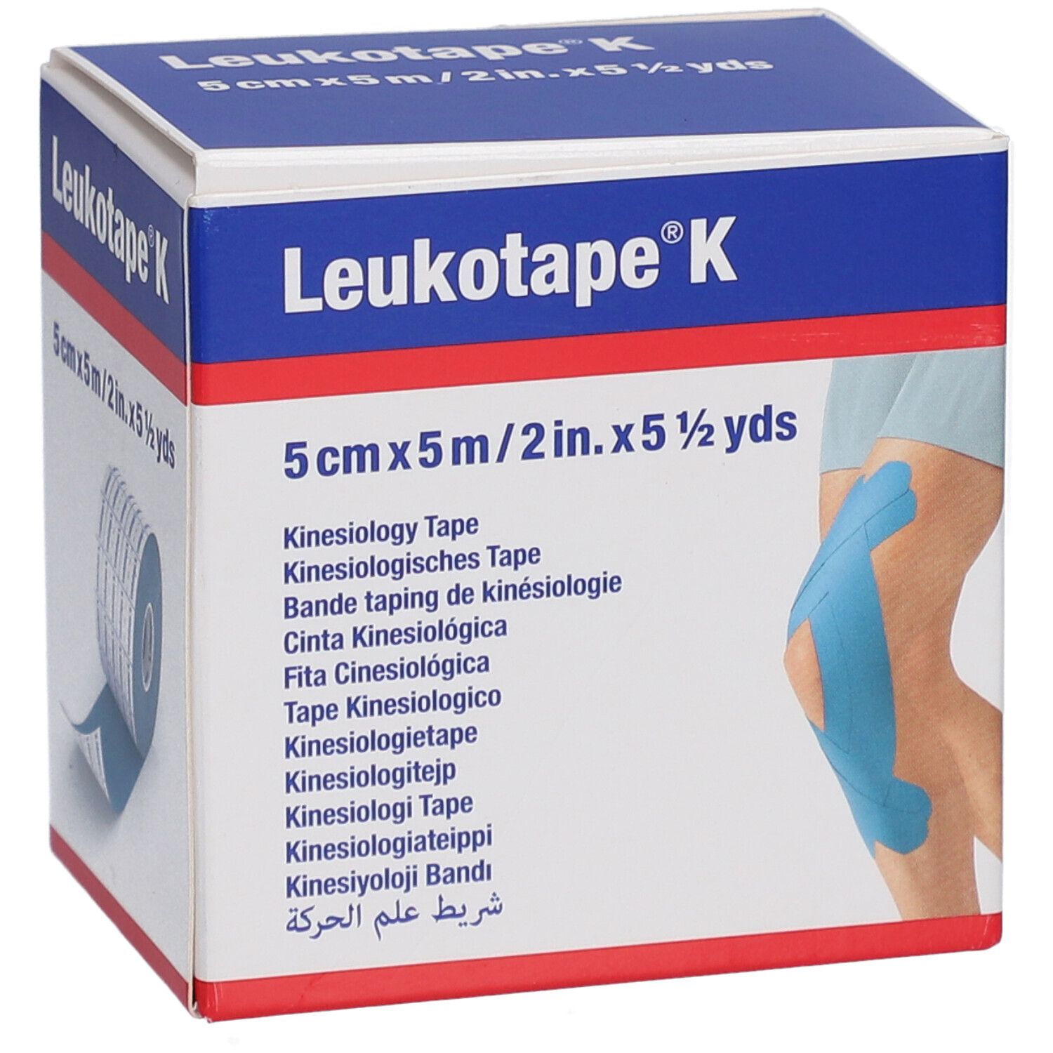 Verpackung von blauem Leukotape K. Aufdruck: 5 cm x 5 m. Kinesiologie Tape. Abbildung eines Knies mit Tape.