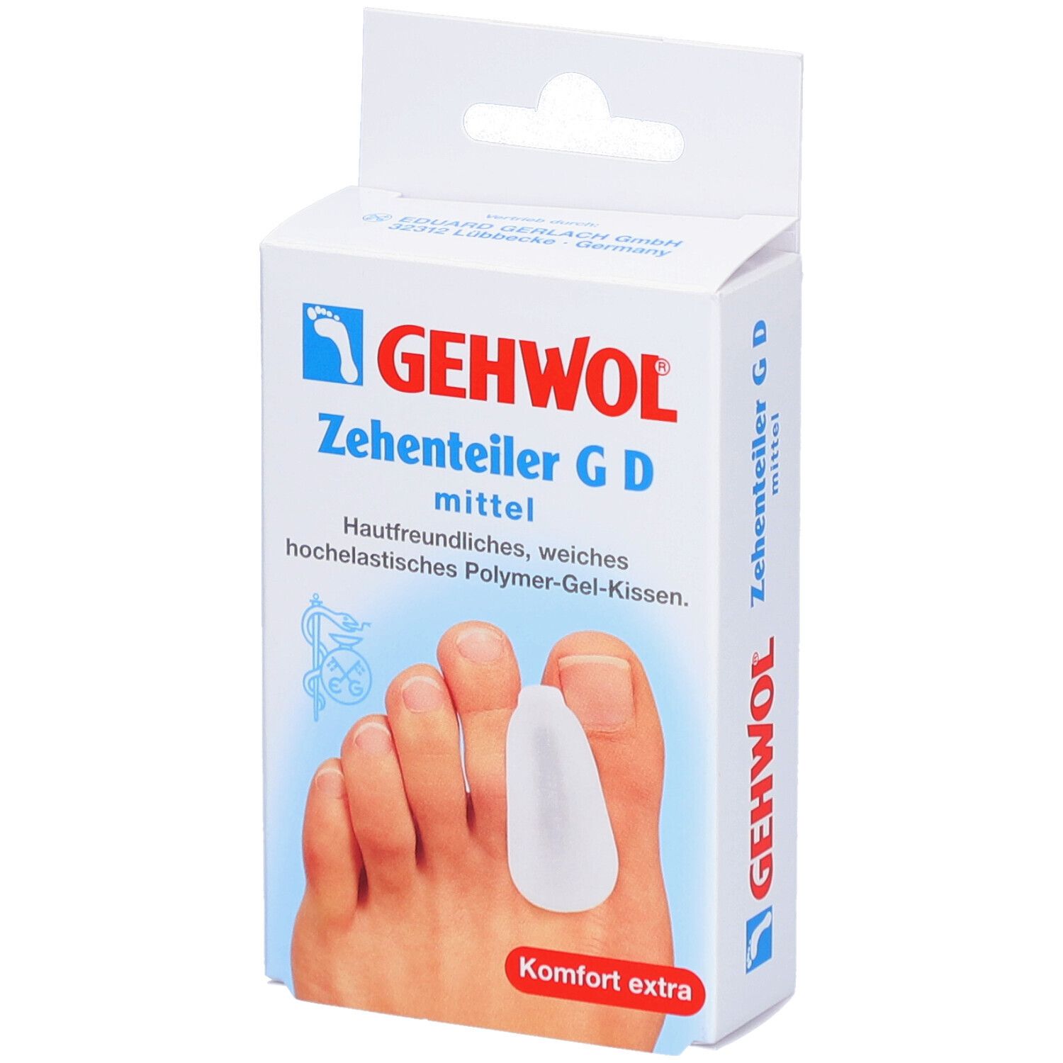 Verpackung mit GEHWOL Zehentrenner G D mittel. Produktabbildung mit Zeh und Zehentrenner. Aufschrift: Komfort extra.