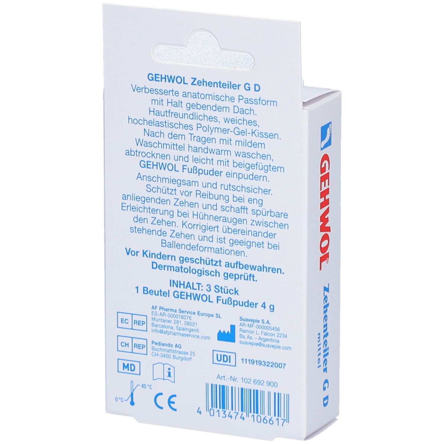 Rückseite der Verpackung GEHWOL Zehentrenner G D mittel. Textinformationen, Inhaltsangabe, Herstellerangaben und Zertifizierungen.