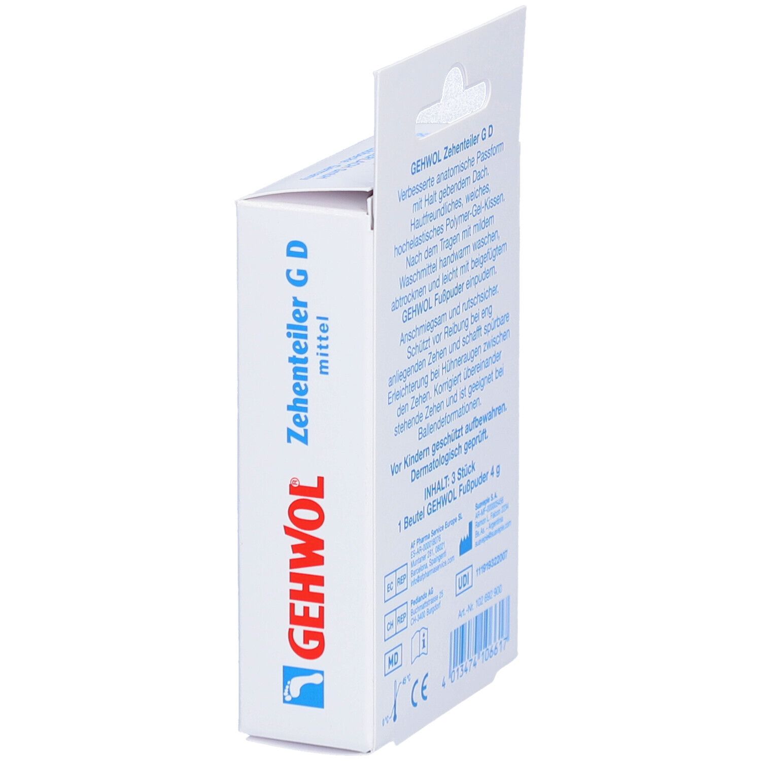 Seitenansicht der Verpackung GEHWOL Zehentrenner G D mittel. Textinformationen und Herstellerangaben.