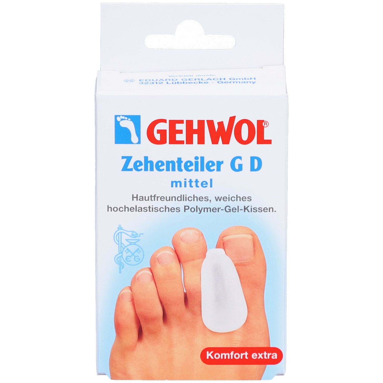 Verpackung mit GEHWOL Zehentrenner G D mittel. Produktabbildung mit Zeh und Zehentrenner. Aufschrift: Komfort extra.