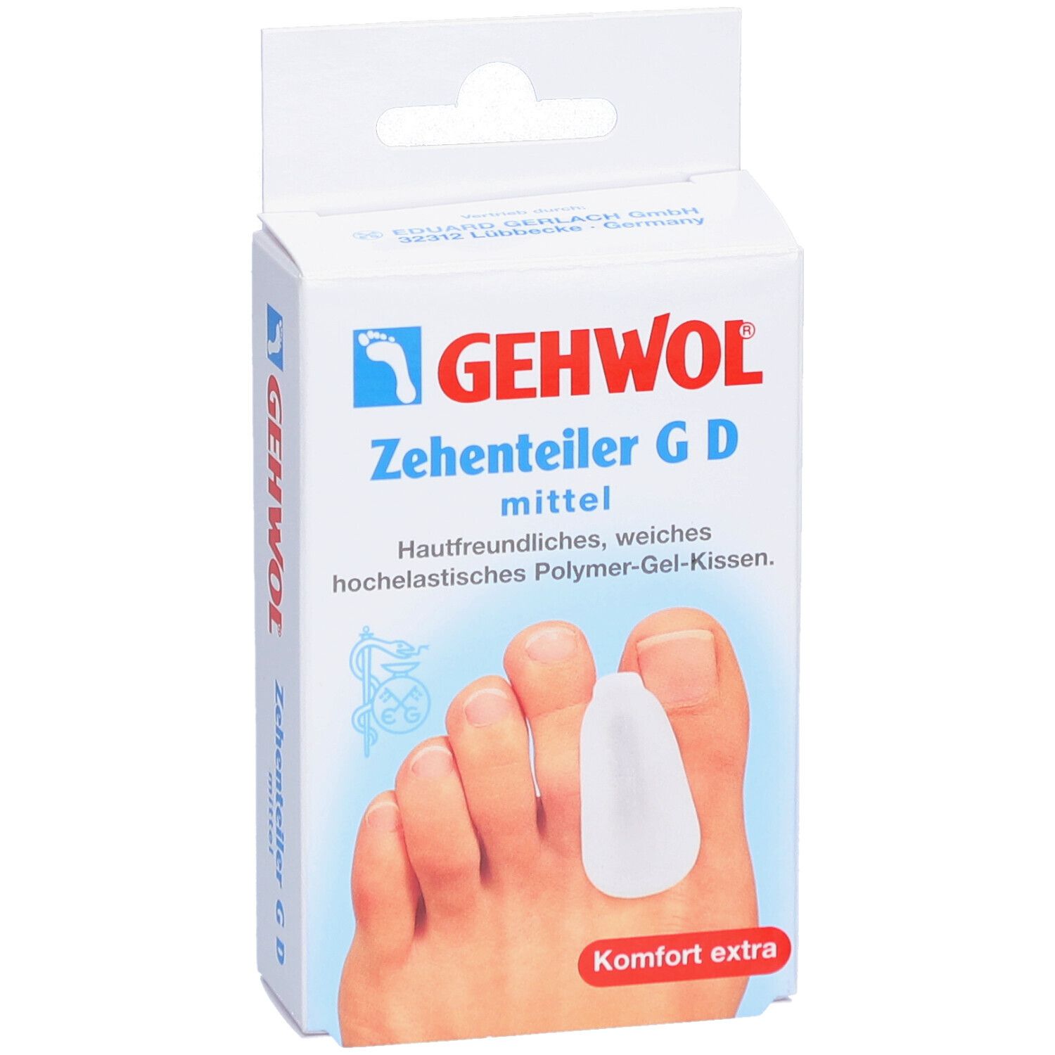 Verpackung mit GEHWOL Zehentrenner G D mittel. Produktabbildung mit Zeh und Zehentrenner. Aufschrift: Komfort extra.