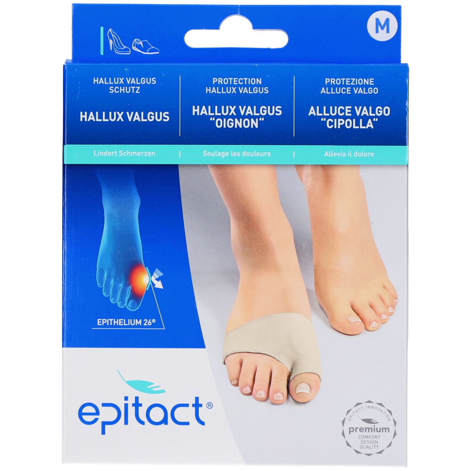 Verpackung mit Hallux Valgus Schutz. Beige Fußorthese am Fuß. Epithelium 26®-Logo. Blaue Illustration des Fußes. Premium-Qualitätssiegel.