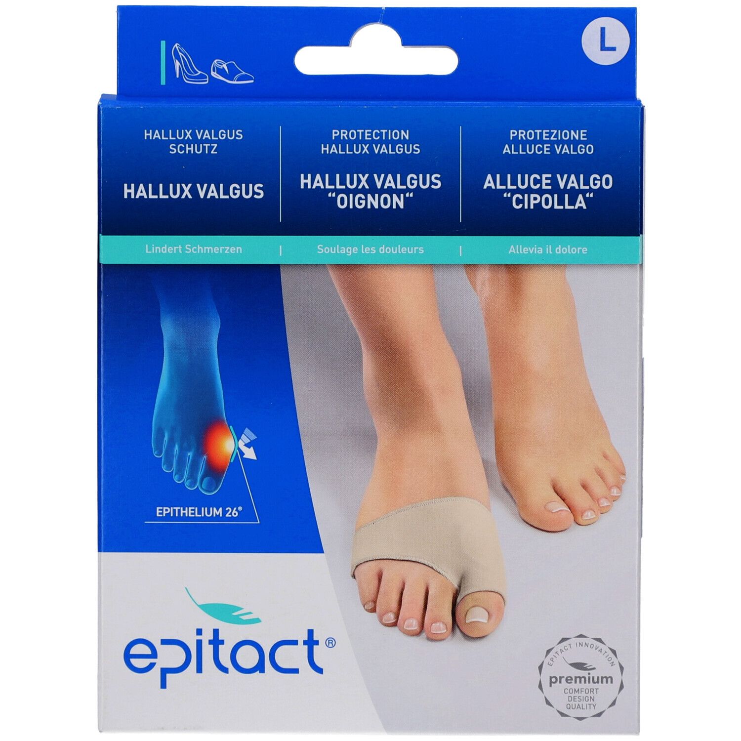 Verpackung mit Hallux Valgus Schutz. Beige Fußorthese am Fuß. Epitact-Logo unten. Premium-Siegel rechts.