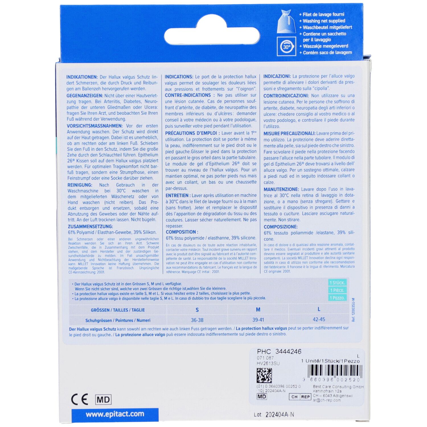 Rückseite der Verpackung. Text in Deutsch, Französisch und Italienisch. Größenangaben S, M, L. CE-Kennzeichnung.