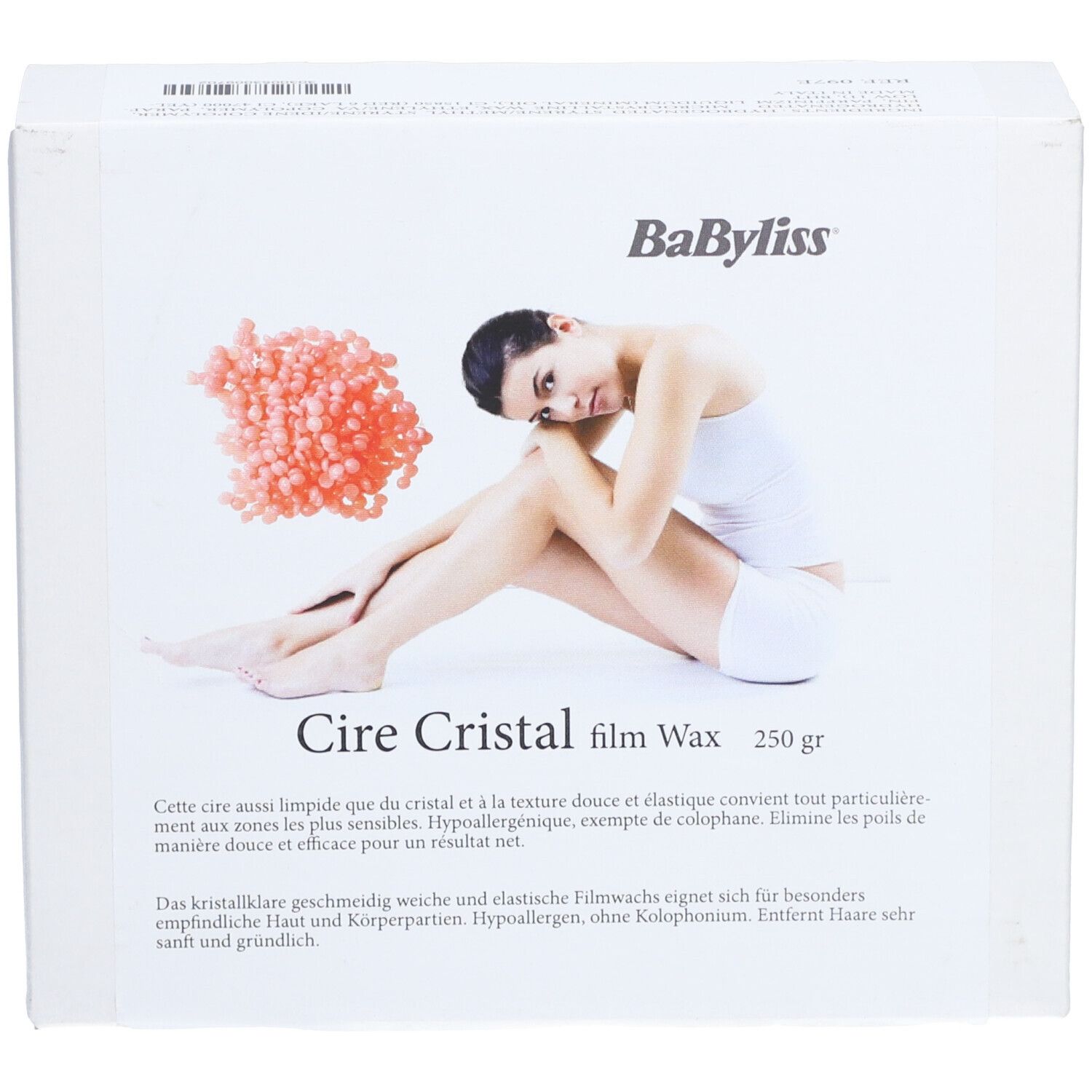 Weiße Verpackung mit Produktabbildung und Text. Marke BaByliss. Produktname: Cire Cristal film Wax. 250 gr.