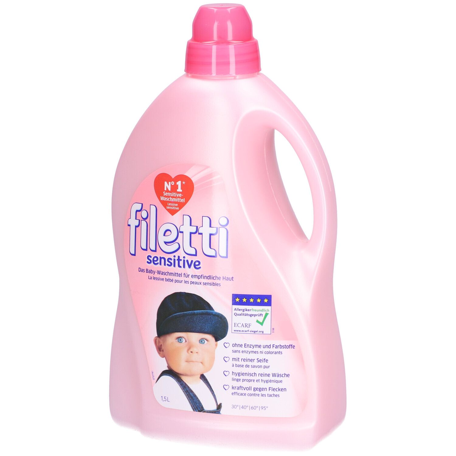 Rosa Flasche mit Griff und Dosierverschluss. Aufdruck: Filetti sensitive, Baby-Waschmittel. Abbildung eines Babys.