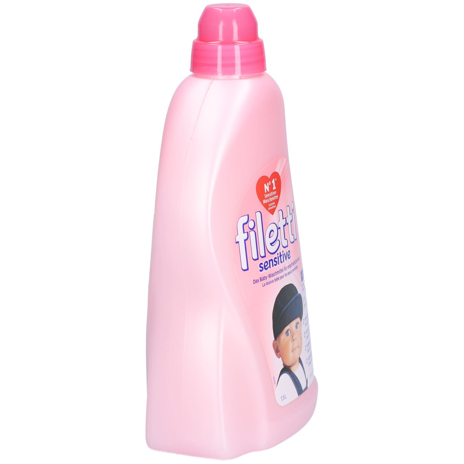 Rosa Flasche mit Griff und Dosierverschluss. Seitenansicht. Aufdruck: Filetti sensitive.