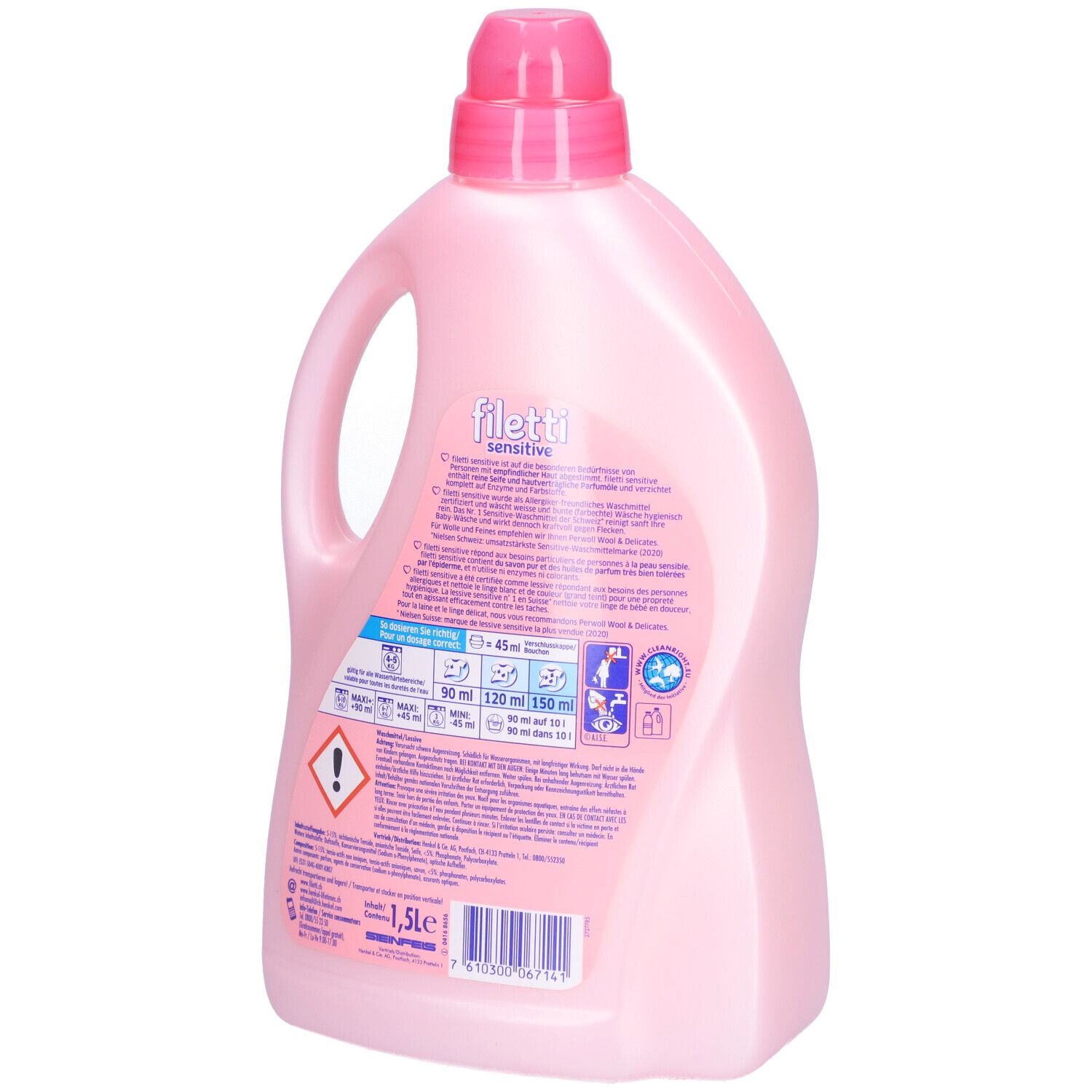 Rosa Flasche mit Griff und Dosierverschluss. Rückseite mit Text und Symbolen. Aufdruck: Filetti sensitive.