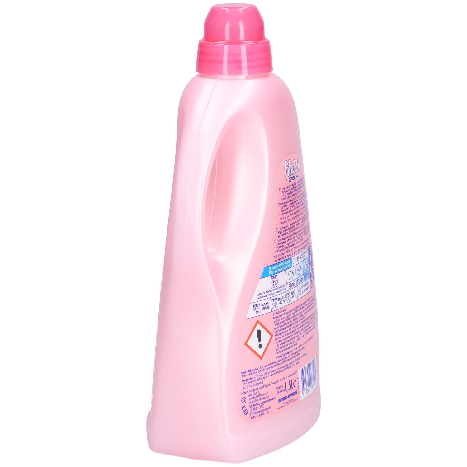 Rosa Flasche mit Griff und Dosierverschluss. Seitenansicht. Aufdruck: Filetti sensitive.