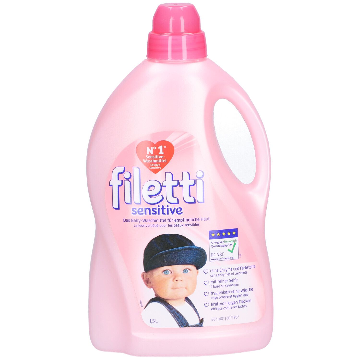 Rosa Flasche mit Griff und Dosierverschluss. Aufdruck: Filetti sensitive, Baby-Waschmittel. Abbildung eines Babys.