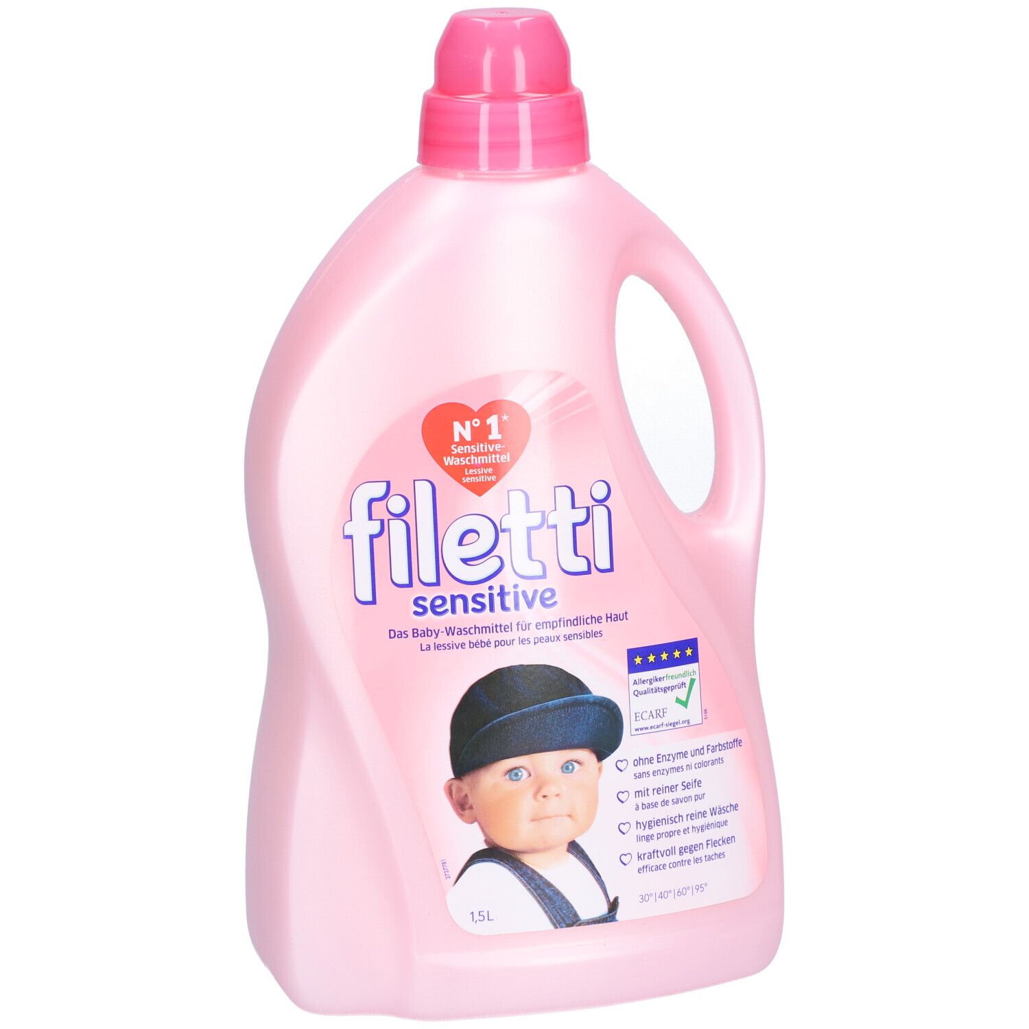 Rosa Flasche mit Griff und Dosierverschluss. Aufdruck: Filetti sensitive, Baby-Waschmittel. Abbildung eines Babys.