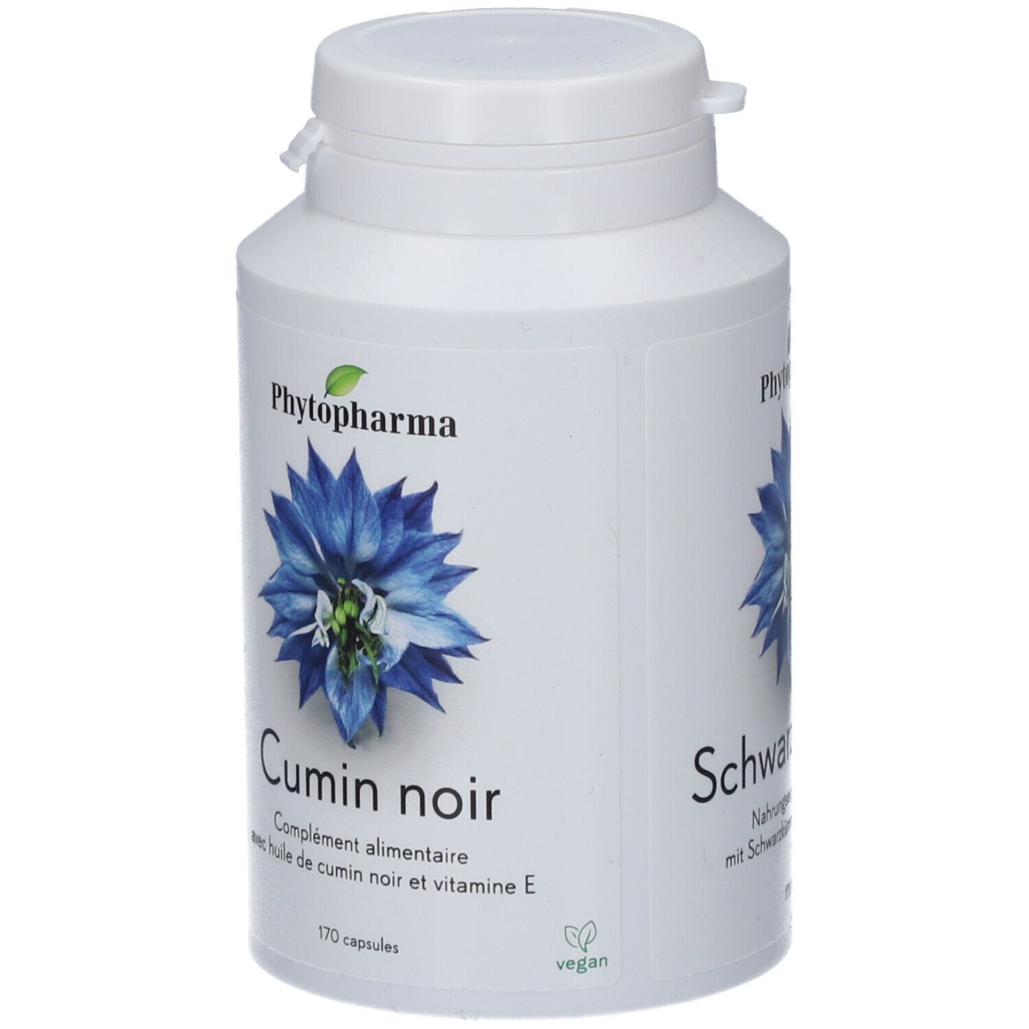 Weiße Flasche mit Kapseln. Aufschrift: Phytopharma, Cumin noir, 170 Kapseln. Vegan-Siegel. Blaue Blume.
