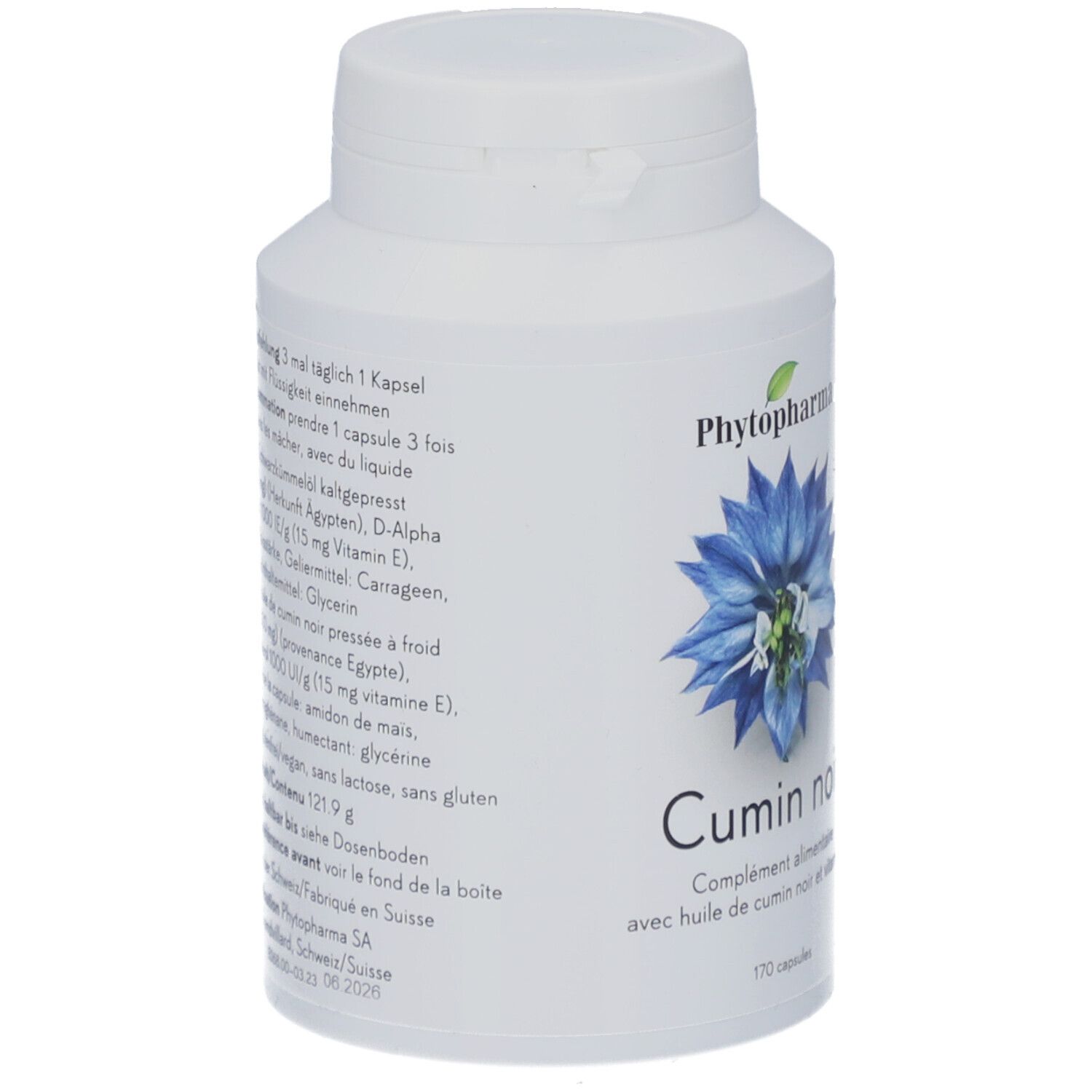 Weiße Flasche mit Kapseln. Aufschrift: Phytopharma, Cumin noir, 170 Kapseln. Vegan-Siegel. Blaue Blume. Rückseite mit Text.