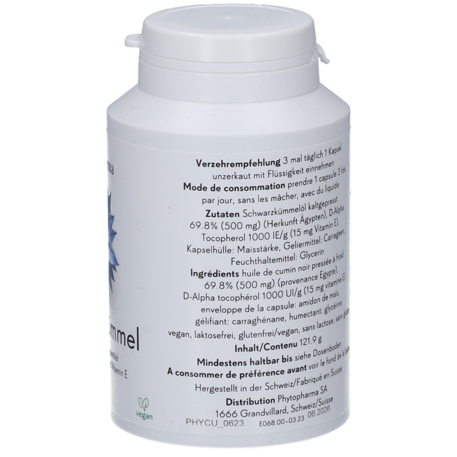 Weiße Flasche mit Kapseln. Rückseite mit Text. Aufschrift: Phytopharma, Cumin noir, 170 Kapseln. Vegan-Siegel.