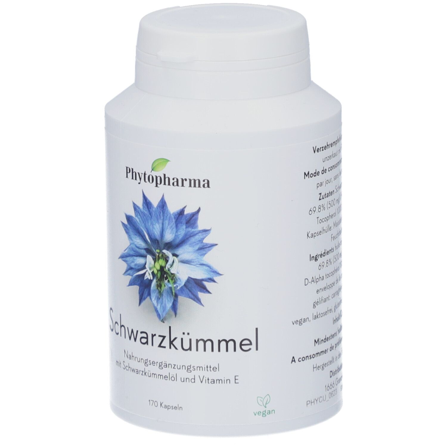 Weiße Flasche mit Kapseln. Aufschrift: Phytopharma, Schwarzkümmel, 170 Kapseln. Vegan-Siegel. Blaue Blume.