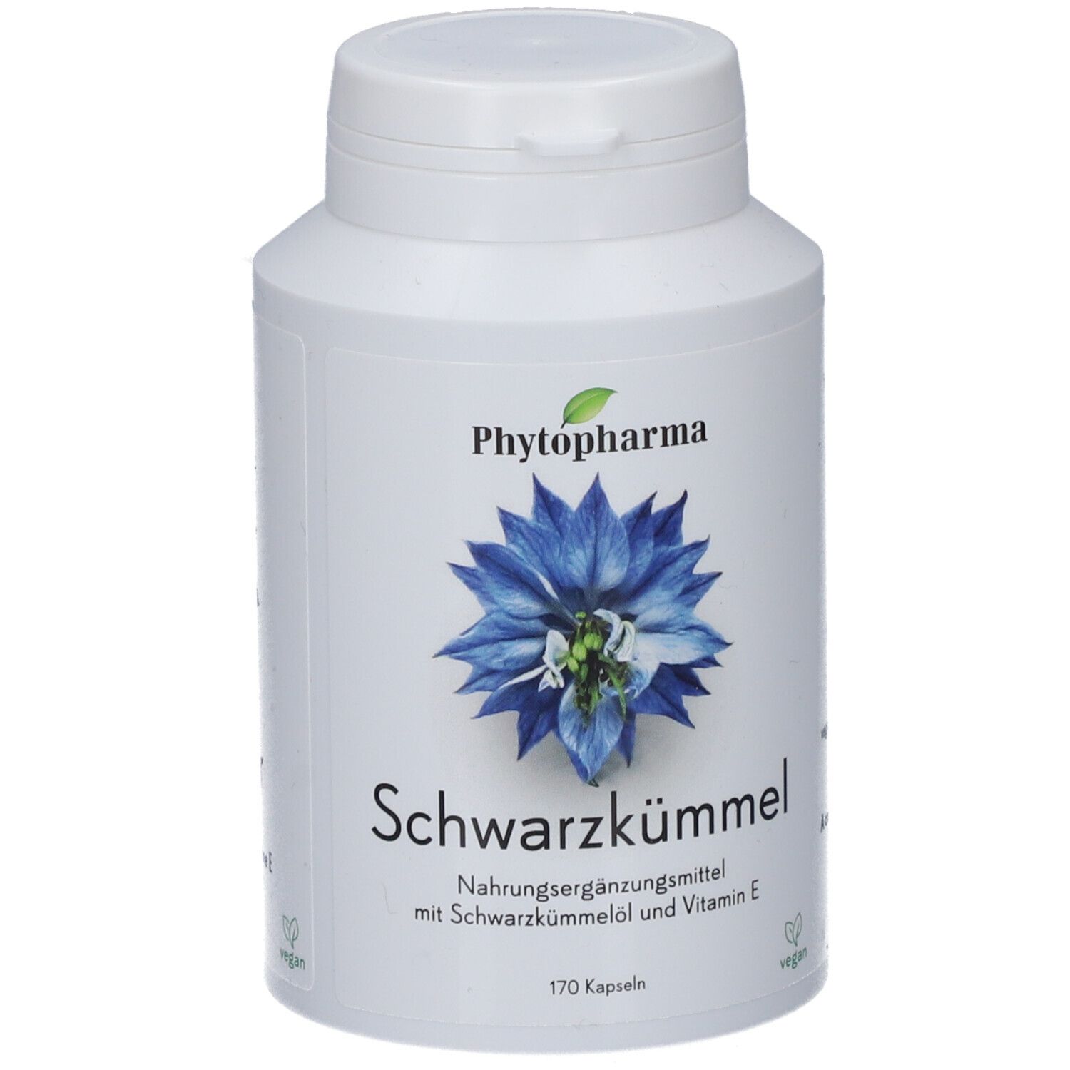 Weiße Flasche mit Kapseln. Aufschrift: Phytopharma, Schwarzkümmel, 170 Kapseln. Vegan-Siegel. Blaue Blume.