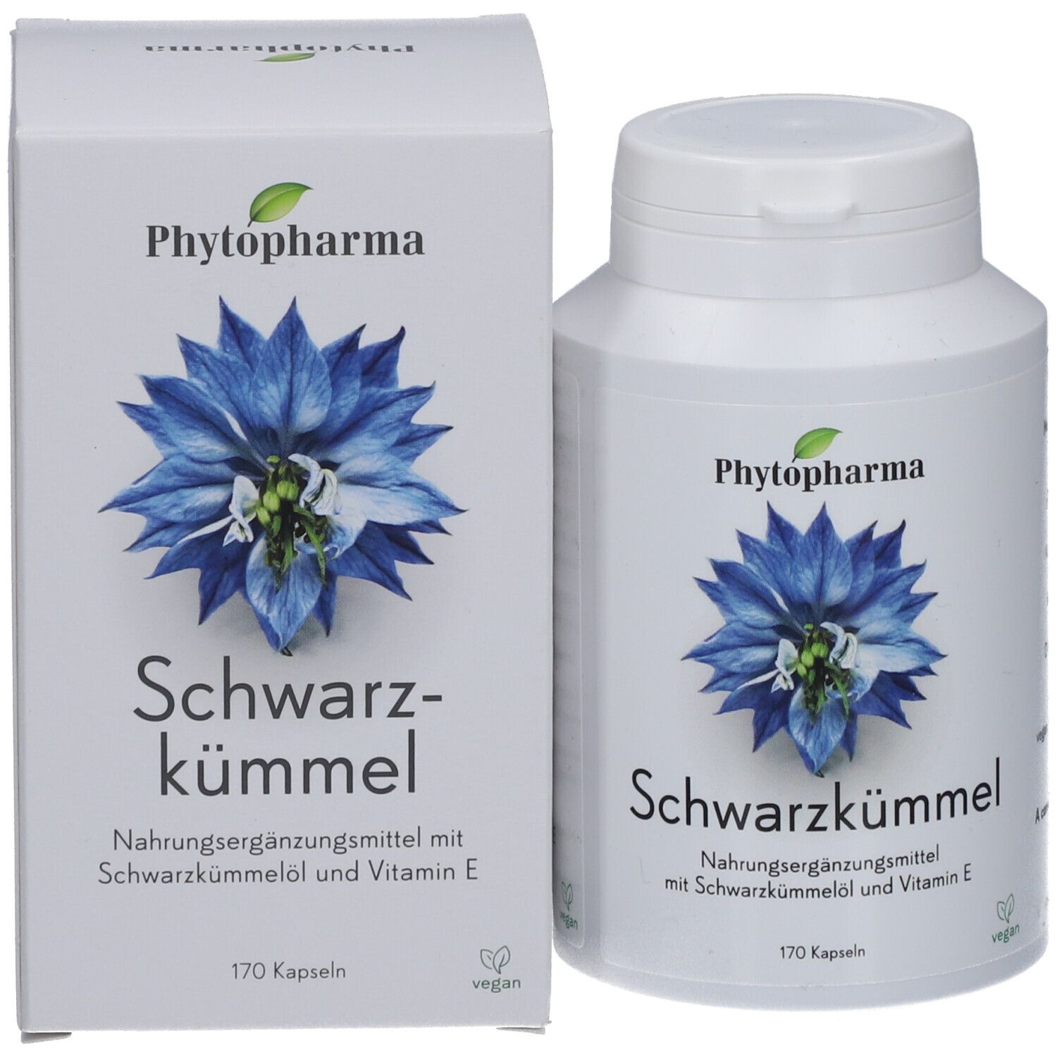 Produktverpackung und Flasche mit Kapseln. Aufschrift: Phytopharma, Schwarzkümmel, 170 Kapseln. Vegan-Siegel. Blaue Blume.