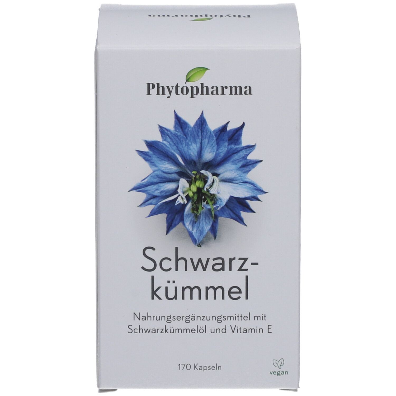 Produktverpackung mit Aufschrift: Phytopharma, Schwarzkümmel, 170 Kapseln. Vegan-Siegel. Blaue Blume.