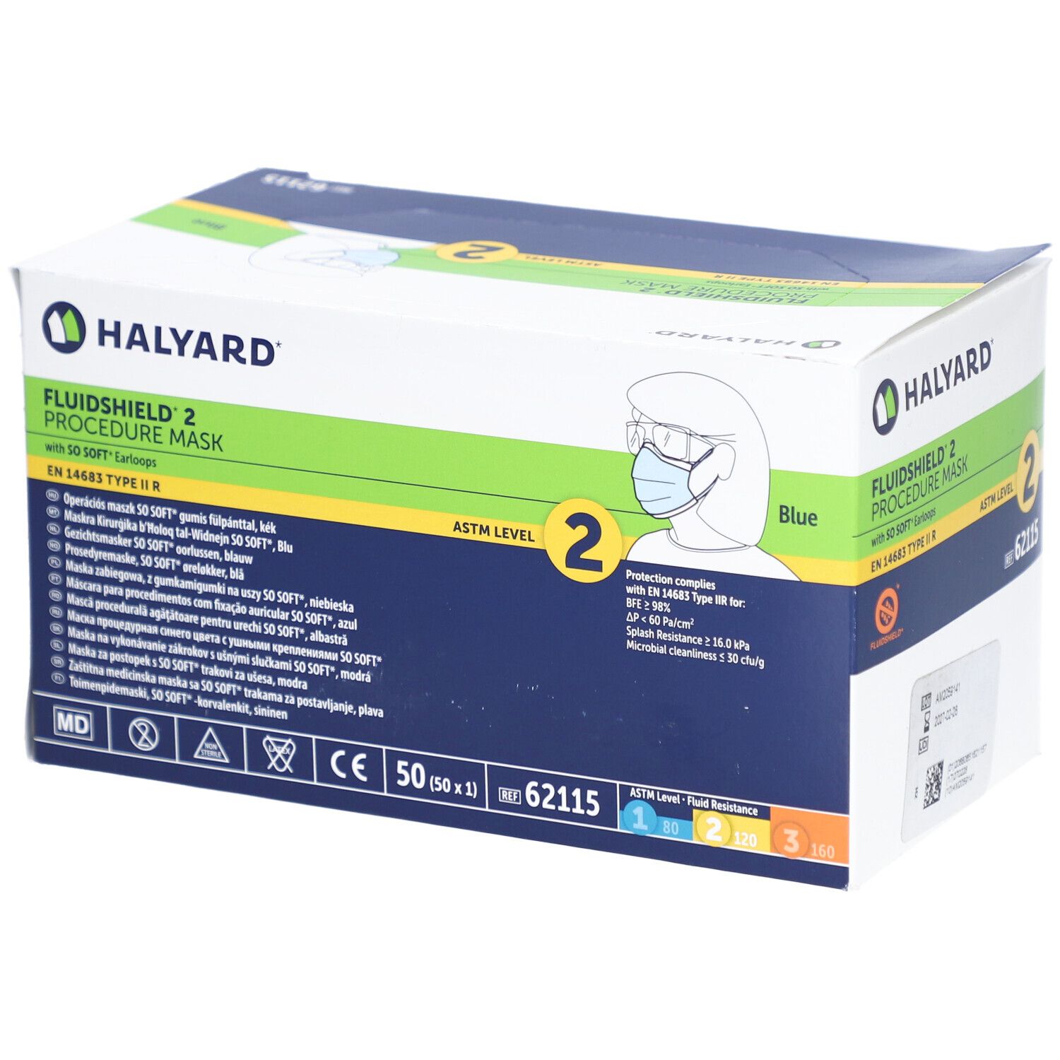 Verpackung mit Halyard Fluidshield 2 OP-Masken. Blaue Box mit Produktinformationen und CE-Kennzeichnung.