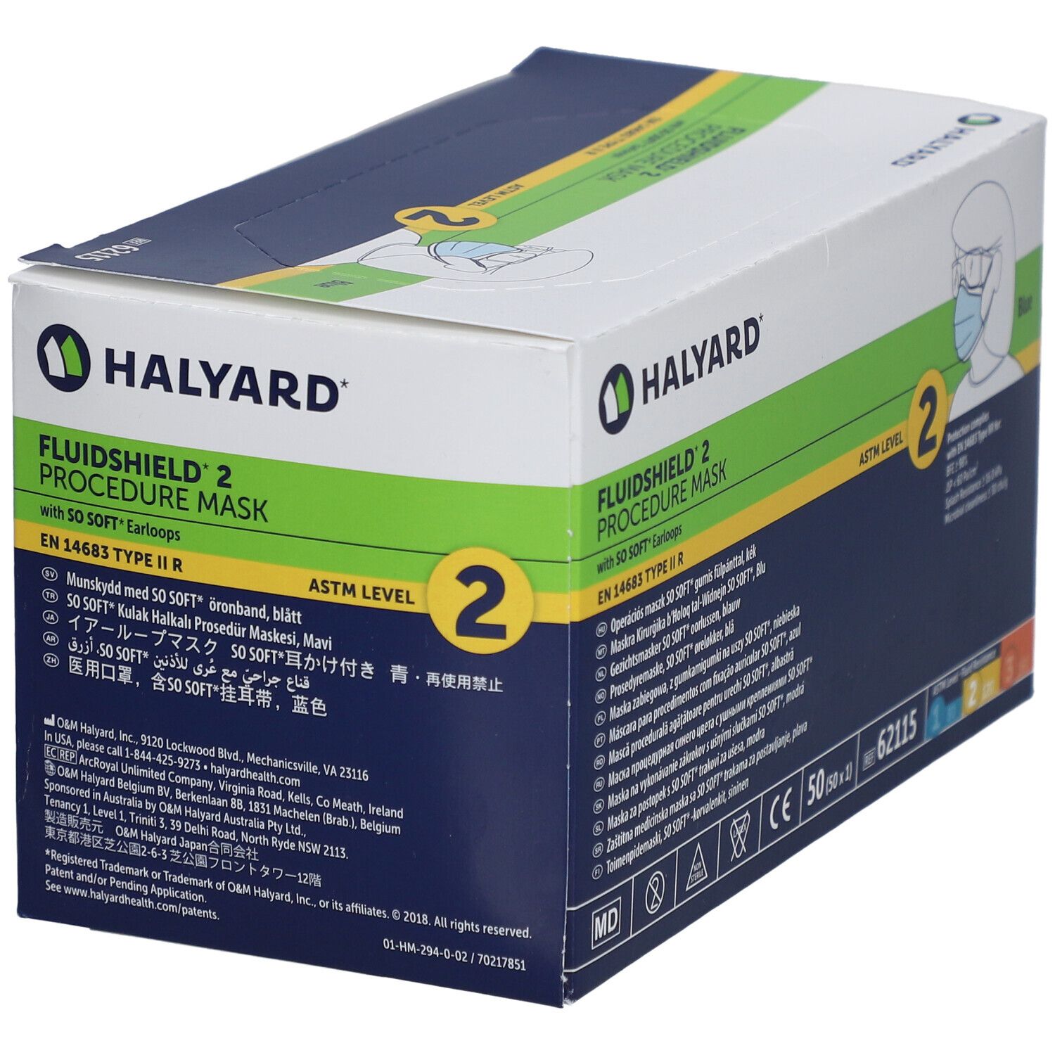 Halyard Fluidshield 2 OP-Masken-Verpackung. Blaue Box mit Produktinformationen, CE-Kennzeichnung und Logo.